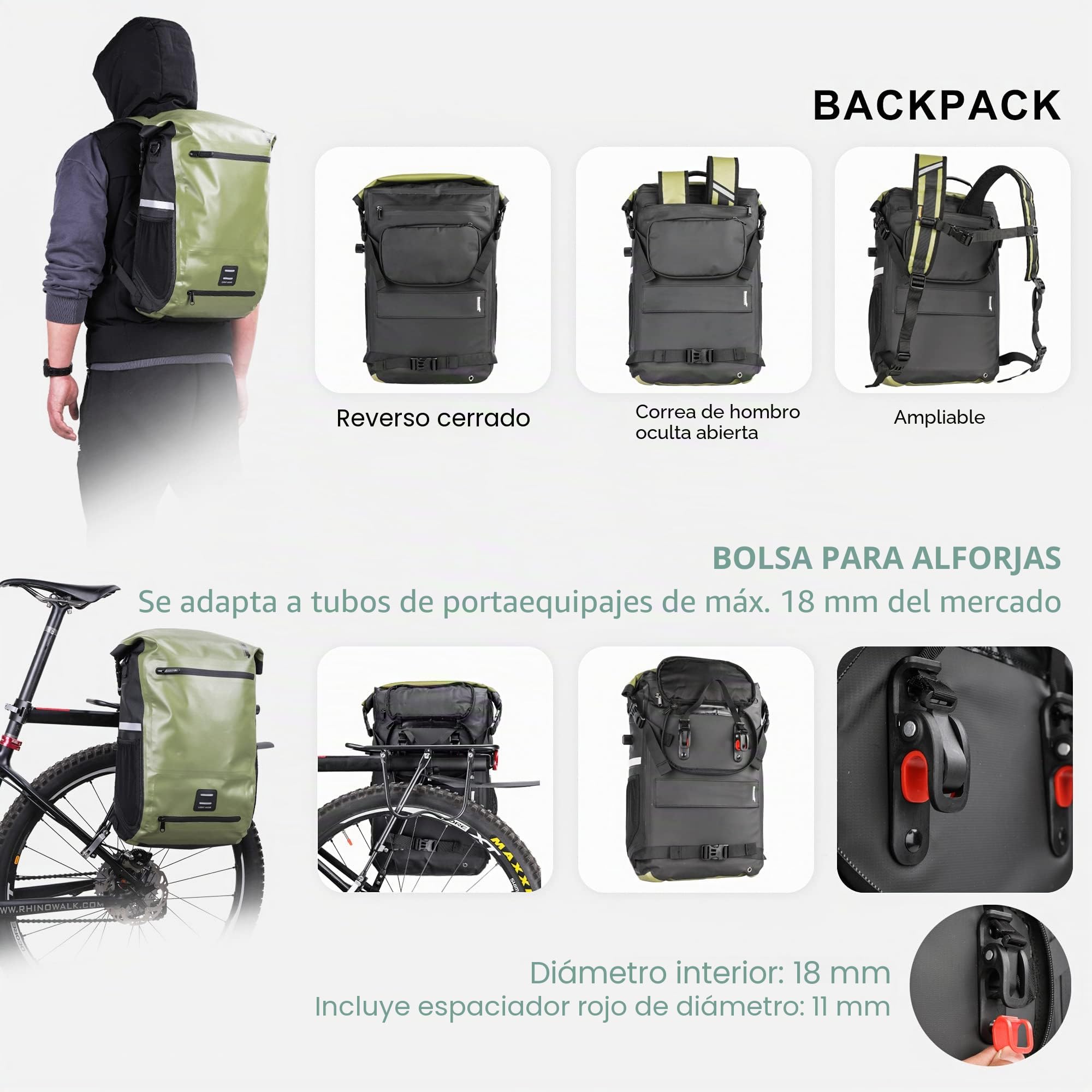 ENJOHOS Alforjas Bicicleta Multifuncional Bolsa de Bicicleta Impermeable Maletas Laterales Mochila Portatil para Portatilportaequipajes Bicicleta Trasero con Red para Casco, Verde-22L