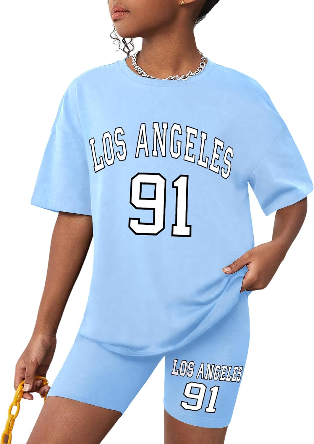 CRISONE Girls Clothes Summer Outfits Graphic Letter Print Tee Shirt + Biker Shorts 2Pcs Clothing Set 7-16T