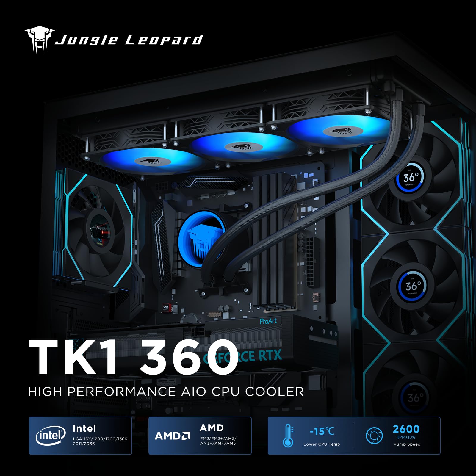 TZMRIT TK1 Coloured Light Aio Water Cooling CPU Cooler 800-1800RPM PWM Fan for LGA115X/1200/1700/1366/2011/2066, for FM2/FM2+/AM3+/AM4/AM5 (360BK)