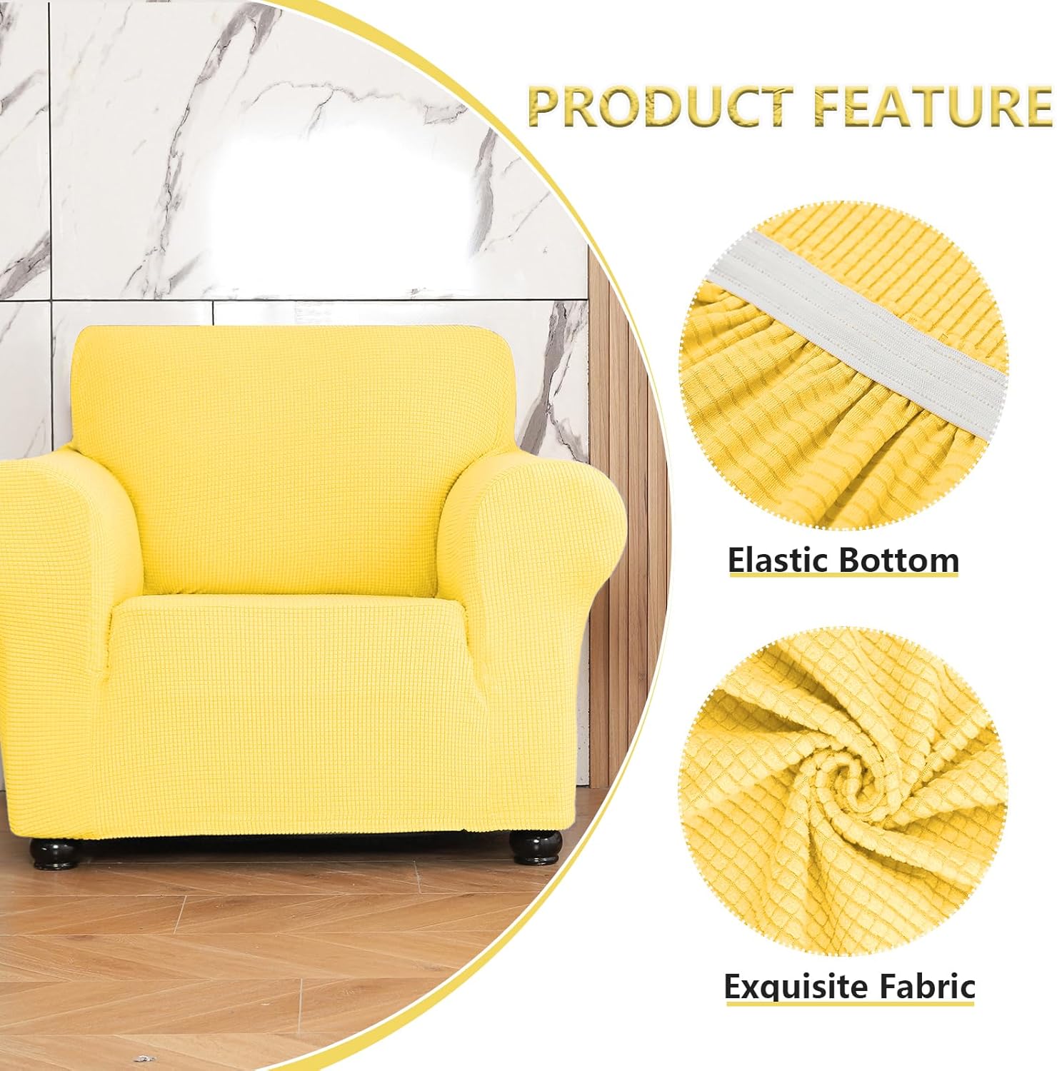 Qubjus Stretch Sofa Slipcover Single Soft Couch Covers Furniture Protector 1 Seater Breathable Washable Jacquard Fabric Small Checks with Elastic Bottom for Kids Pets (Yellow, Small) 2 71WnlgGS64L. AC SL1500