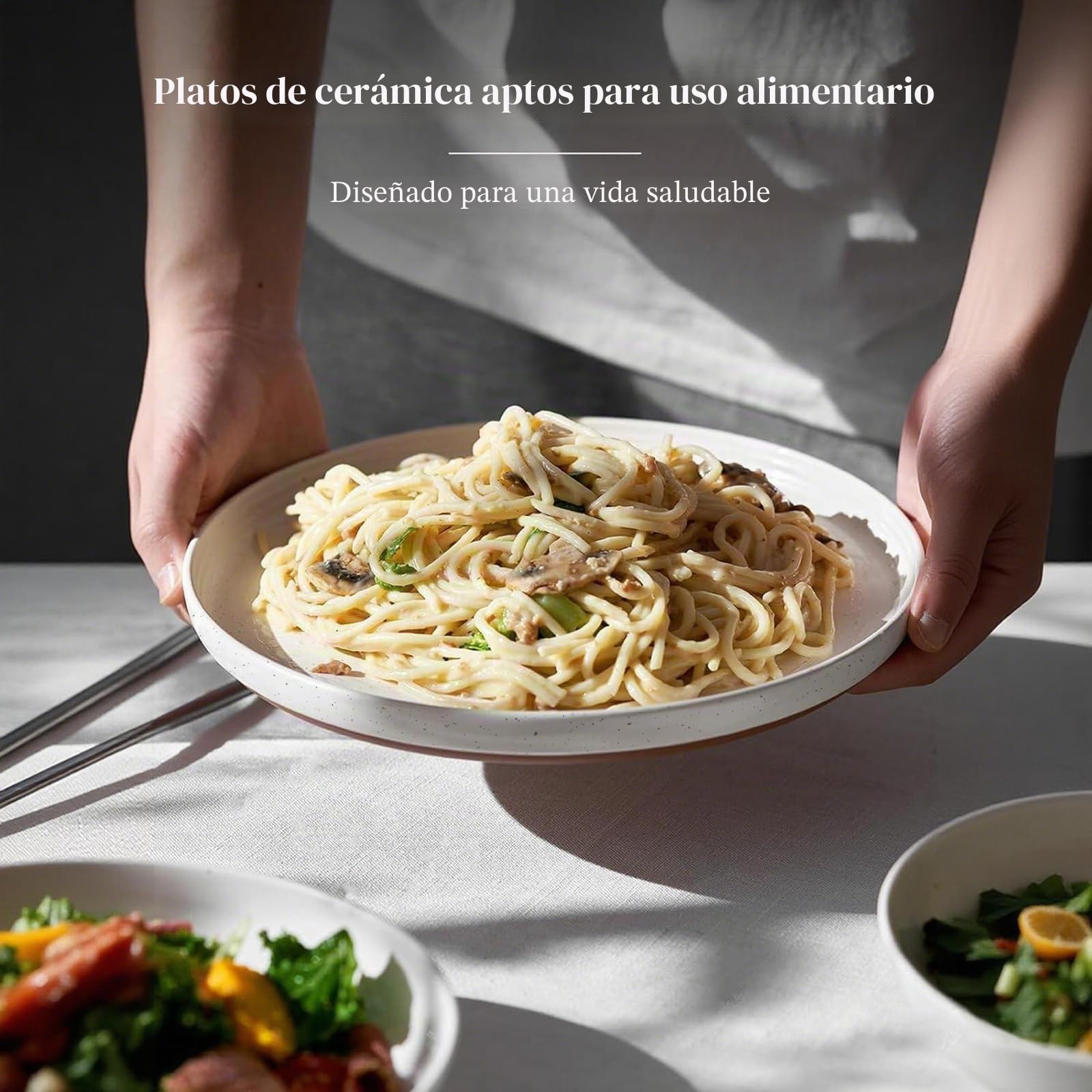 DOWAN Juego de Platos de Gres, 26cm para Servir, 6 Piezas de Porcelana, para Ensalada, Filete, Principal, Cena - Vainilla Blanca