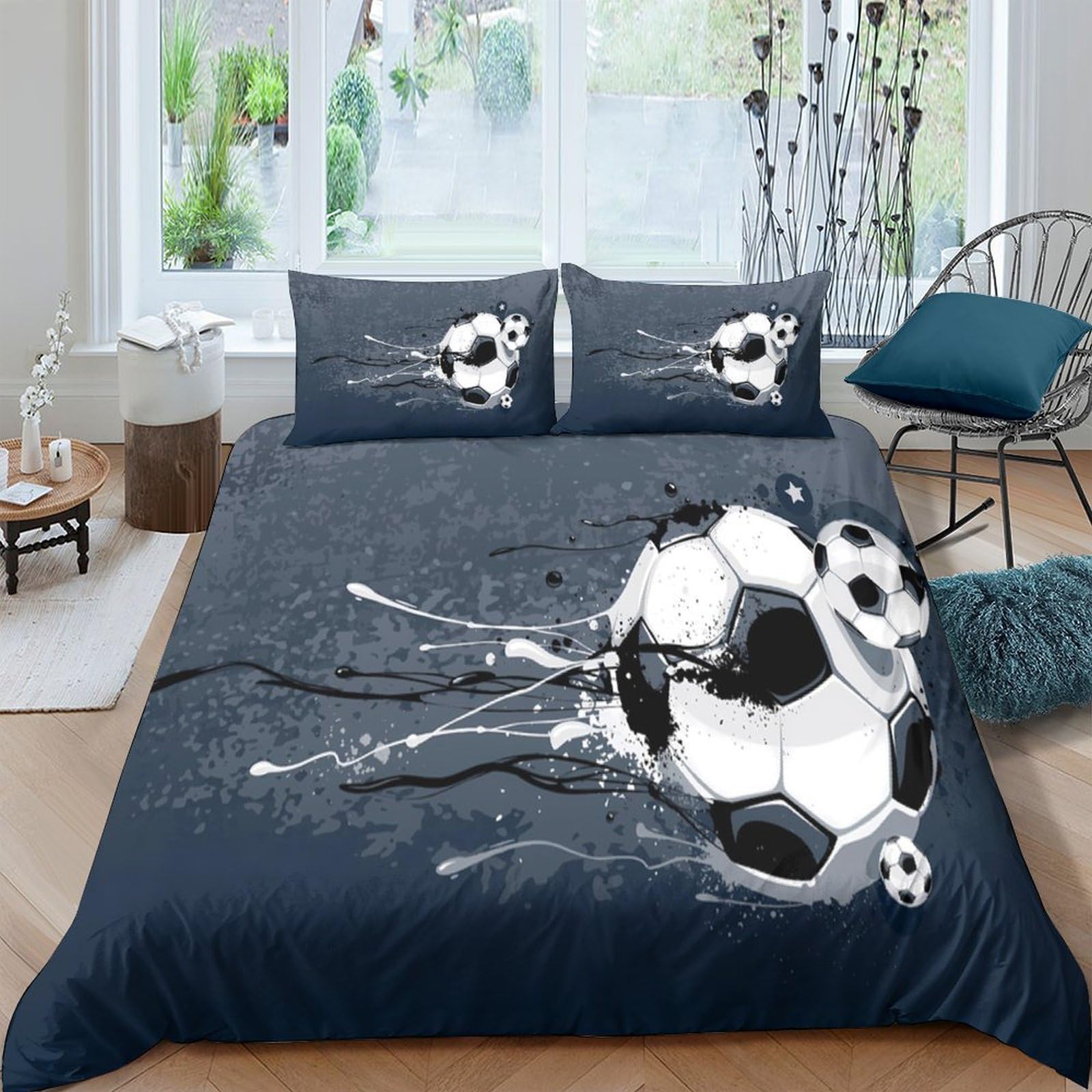 P5V6M1Q9 3D Printed Football Splash Duvet Cover Set Microfiber Soft Breathable Soccer Bedding Set with 2 Pillowcases for Bedroom Decor Single（135x200cm）