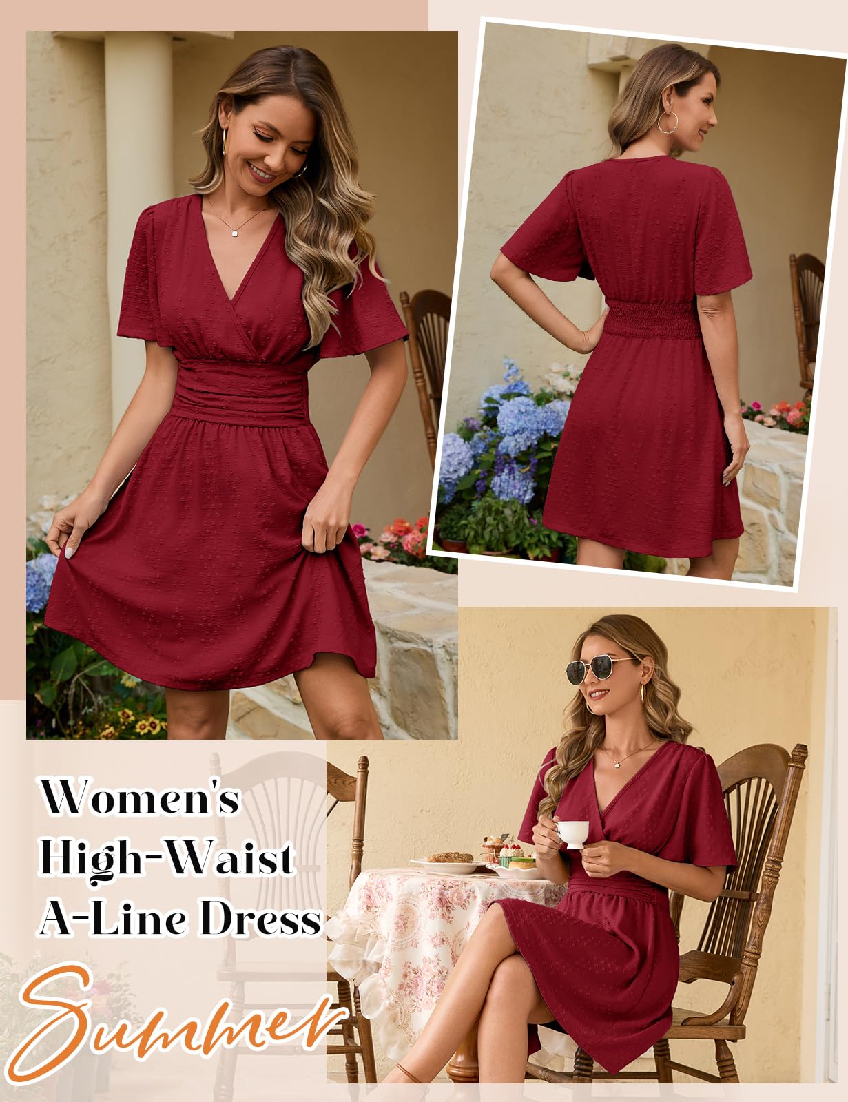 HEEKPEK Abito Estivo Donna Scollo a V Vestito Donna Elegante Manica Corta Casual Vestiti Estivi Corti Leggero Mini Abiti Vita Alta Linea A Vestitino Mare da Spiaggia Festa Matrimonio