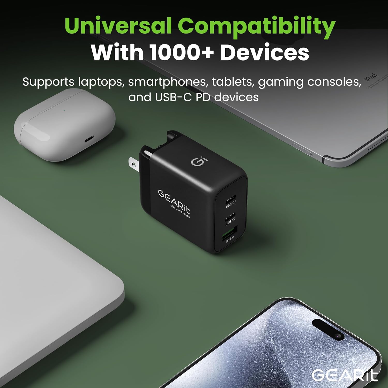 GEARit USB C Charger Block, 65W 3-Port Fast Charging Adapter, Compact Foldable PD Charger, Compatible with MacBook Pro/Air, iPad, iPhone 17/16/15/14, Galaxy S25/S20, Pixel, and More