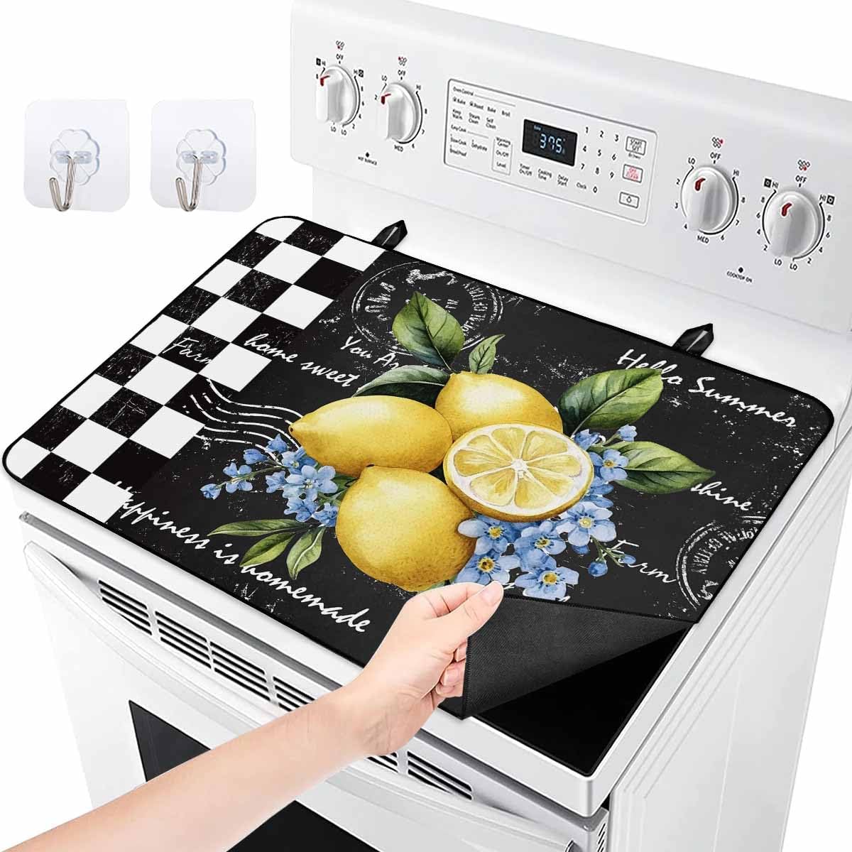 Sunflower Stove Cover for Electric Stove, Butterfly Bee Flower Farm Black White Plaid Stove Top Cover for Glass Top, Heat Rubber Mat Foldable Cooktop Cover Top Protector, 28.5"x20.5"