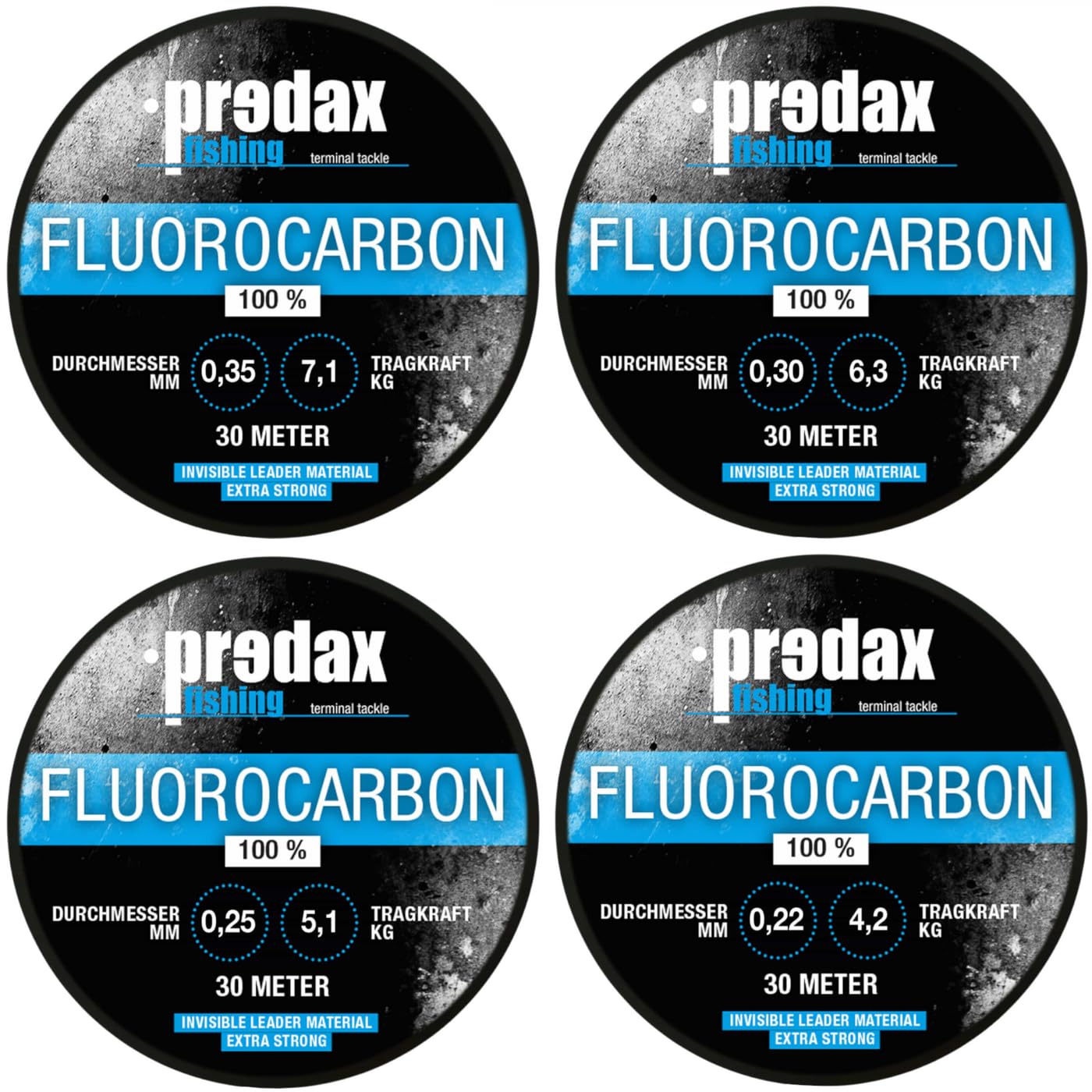 Predax Fluorocarbon - 4 Spulen a 30m (0,22, 0,25, 0,30 und 0,35mm) Angelschnur Barschangeln, Vorfachschnur, Schnur