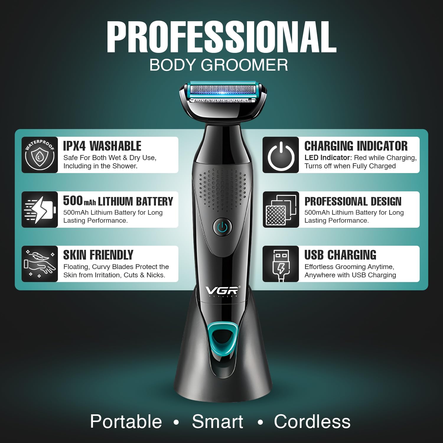 VGR V-601 Body Groomer highlighting features like IPX4 washable, 500mAh battery, skin-friendly, USB charging, and charging indicator.