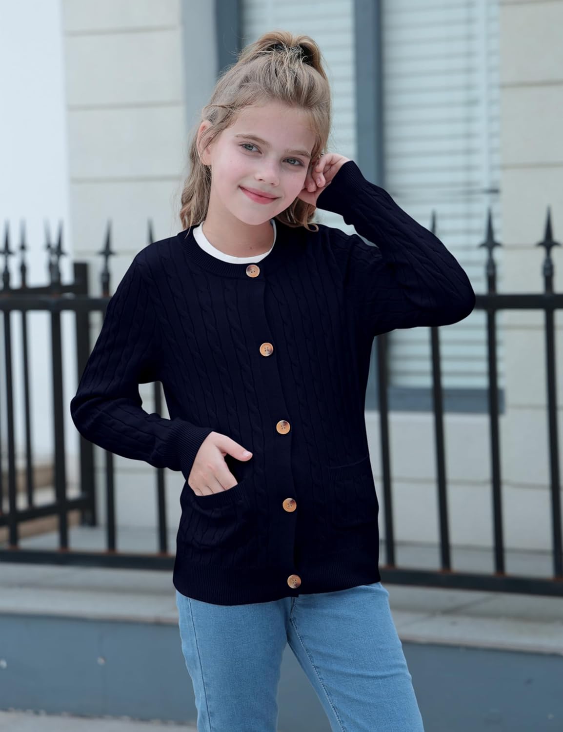 Girls Cardigan Long Sleeve Button Down Sweater Toddler Kids Knit School Uniforms Sweaters with Pockets 3-14 Years - Image 2