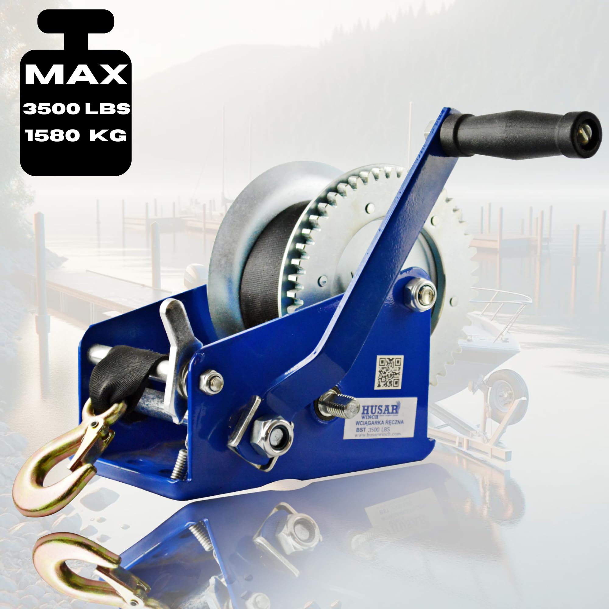 Treuil Manuel 3500 lbs 1587 kg avec Sangle 10 mètres, fabriqué en acier inoxydable, frein à cliquet, simple effet, pour bateaux, remorques, industrie