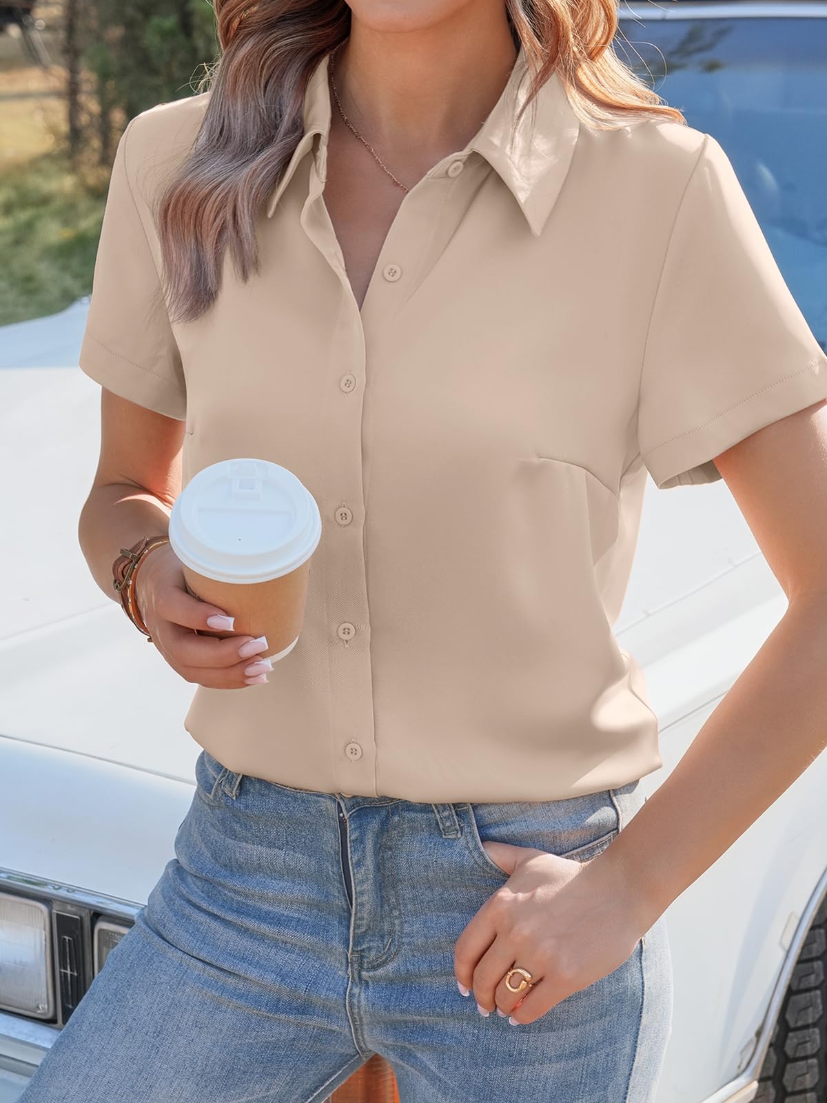 Tankaneo Damen Button Down Bluse V Ausschnitt Kurzarm Einfarbig Satin Blusen Sommer Lässige Oberteile
