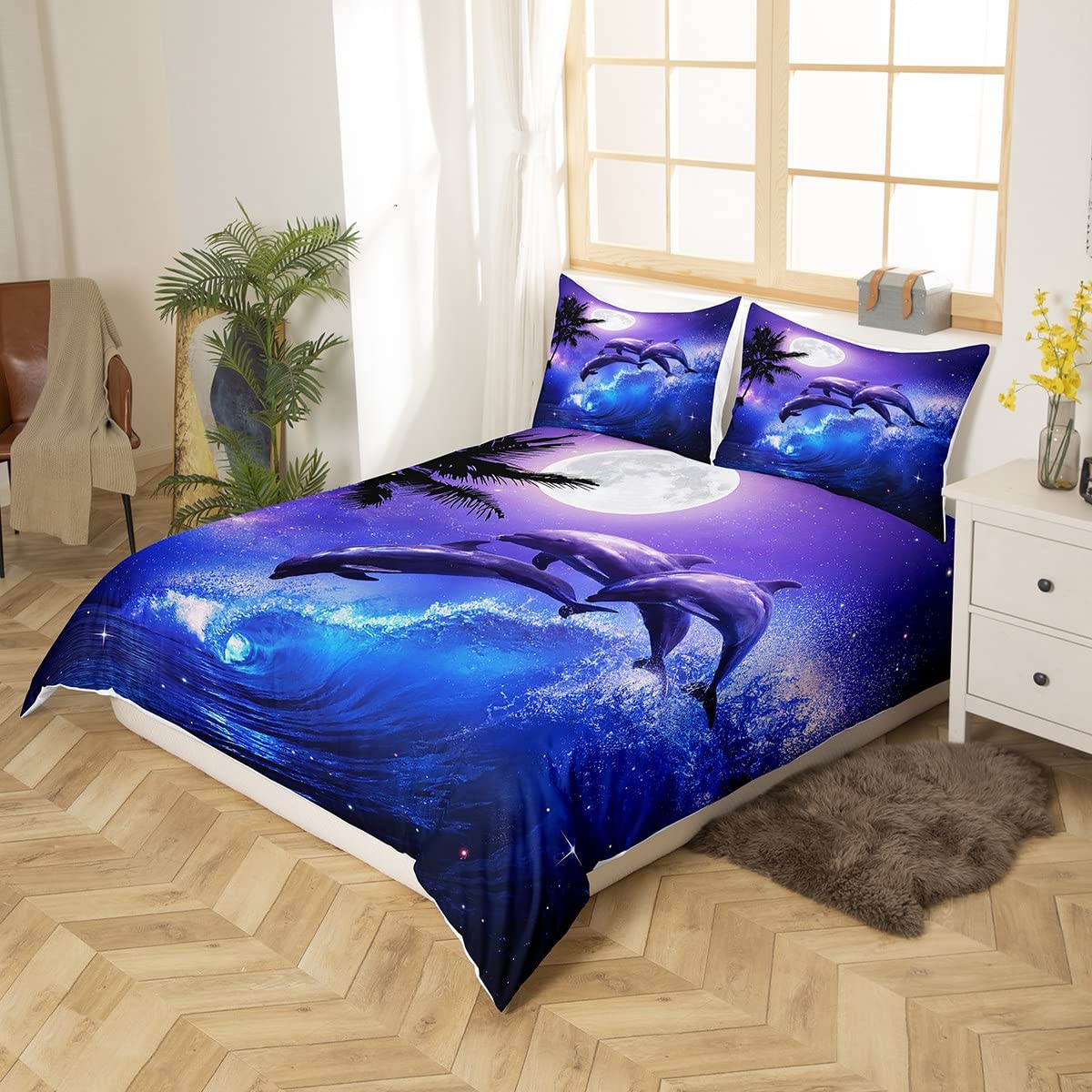 Dolphin Duvet Cover Set,Kids Ocean Waves Bedding Set Queen Size,Moonlight at Night Comforter Cover for Teen Boys Girls Adult,Starry Sky Stars Quilt Cover with 2 Pillow Cases(No Comforter)