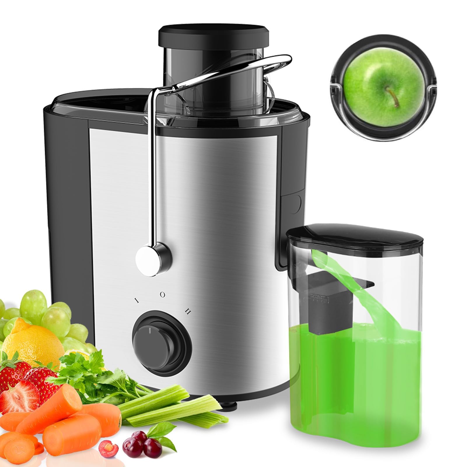 Juicer Machines, 600W High Juice Yield Juicers with 3Inch Wide Feed Chute, 2 Speed Control Centrifugal Juicer for Whole Fruit and Vegetable, BPA-Free Stainless Steel Juicers, Easy to Clean With Brush
