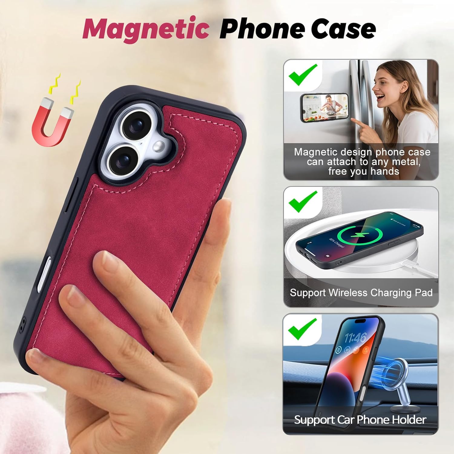 TwoHead Wallet Case Compatible with iPhone 17,Detachable,Magnetic,11 Cards Holder,PU Leather All-Round Protective Phone Case with Change Pocket(6.3 in,Wine Red)