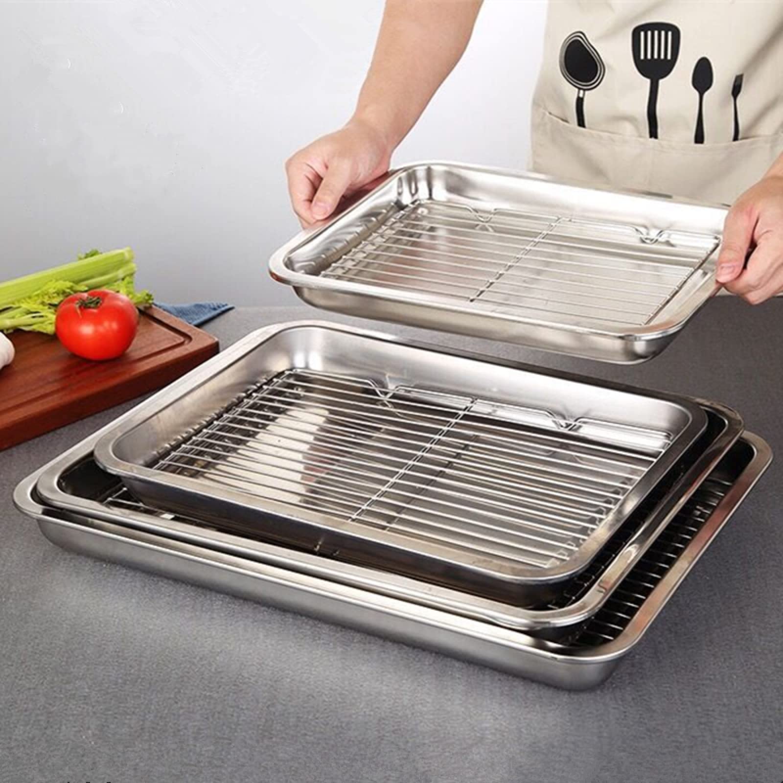 Bandeja para hornear Platos de almacenamiento rectangulares de metal Bandeja de horno Bandeja de filtro de aceite Sartén de acero inoxidable para hornear Rejilla de enfriamiento de alambre 1