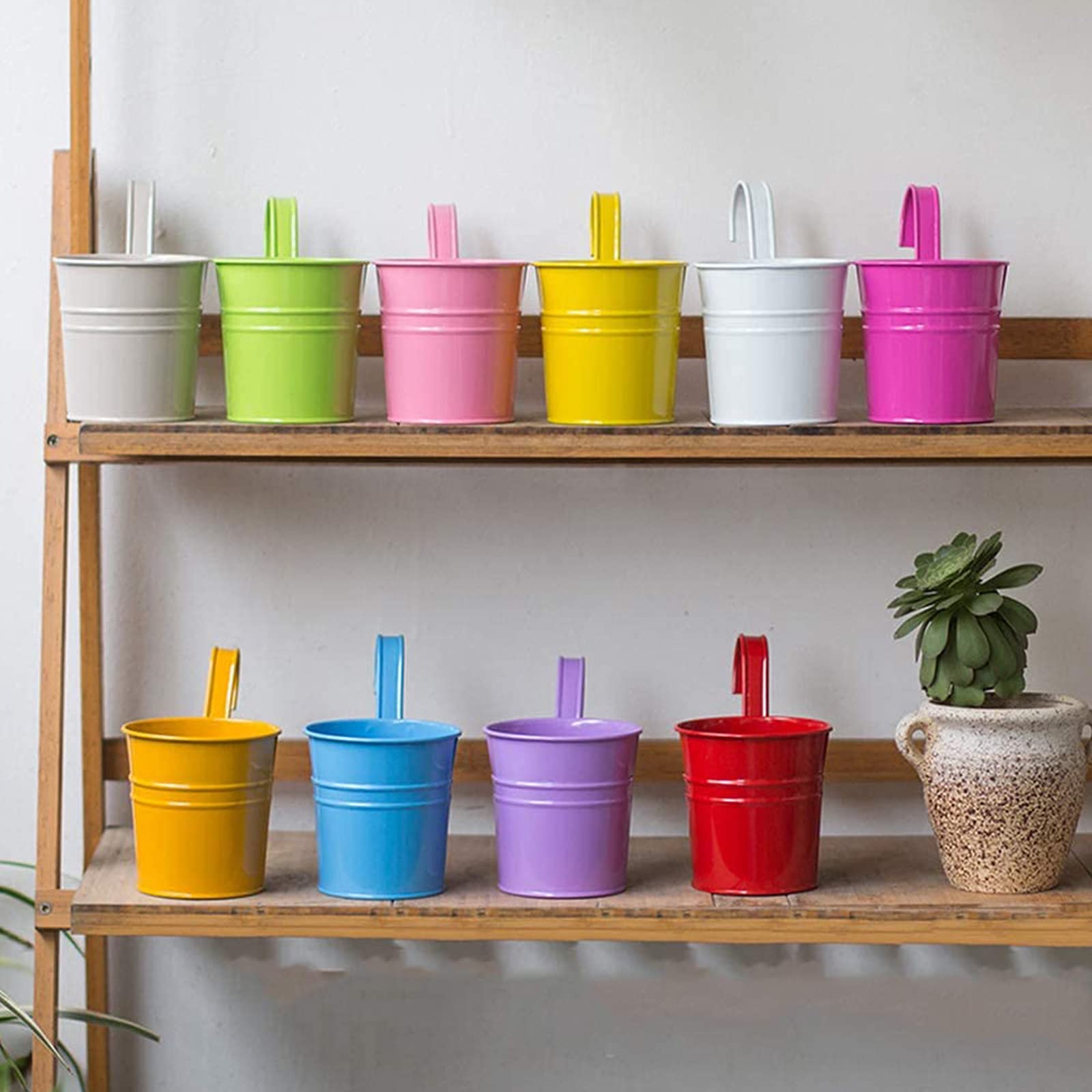 Lot de 10 pots de fleurs suspendus - Multicolore - En métal - Avec poignée amovible - Pour fleurs, herbes, plantes succulentes - Lot de 10