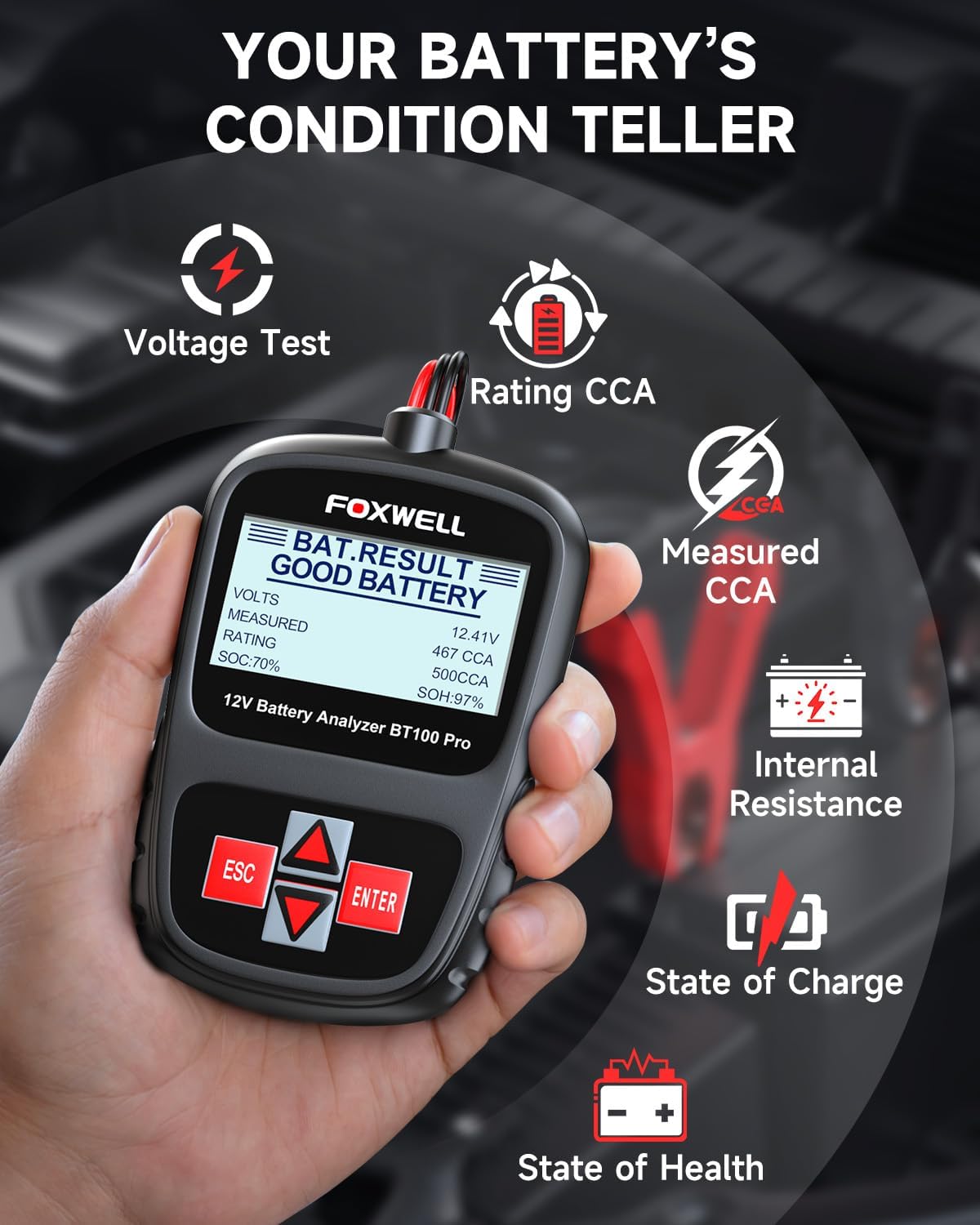 Car Battery Tester FOXWELL BT100 PRO, 12V Battery Load Tester, 100-1100CCA Automotive Digital Battery Analyzer for Car Truck Motorcycle SUV Boat Marine RV & Pickup
