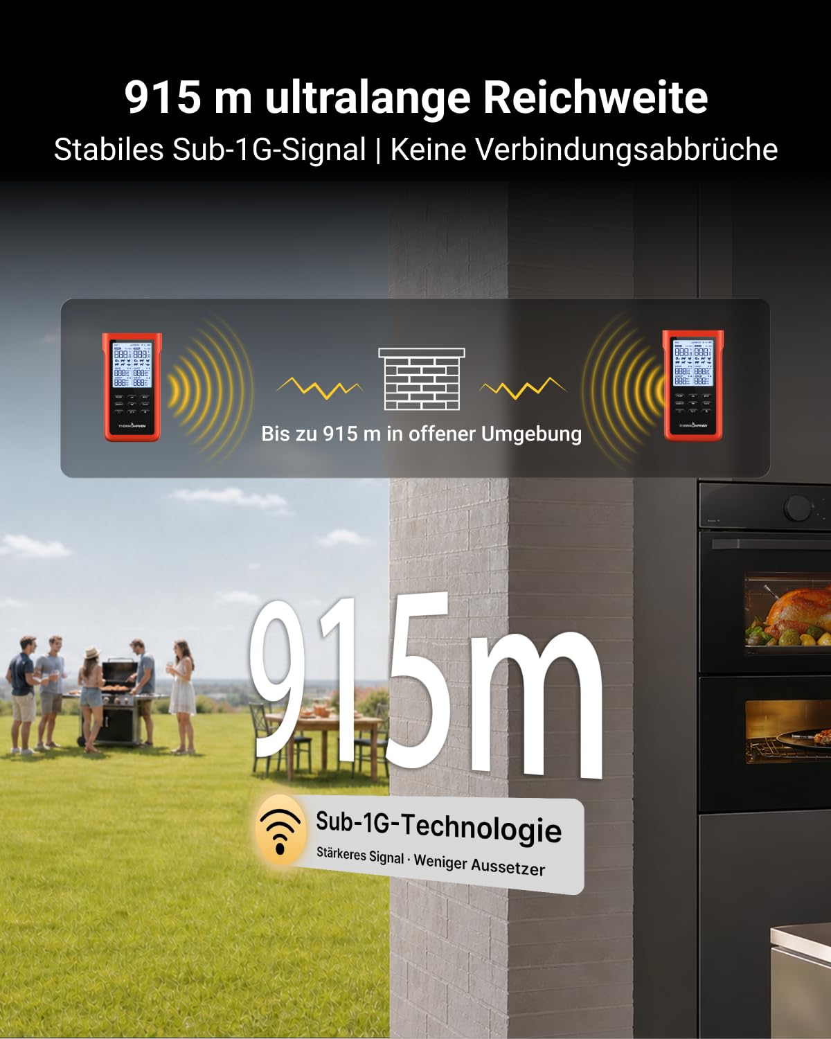ThermoMaven X2 Fleischthermometer kabellos, 915m Sub-1G Reichweite Kein App | Grillthermometer kabellos mit 2 dünnen Sonden, 6 NIST-Sensoren, LCD-Display, Bratenthermometer für BBQ, Smoker, Backofen