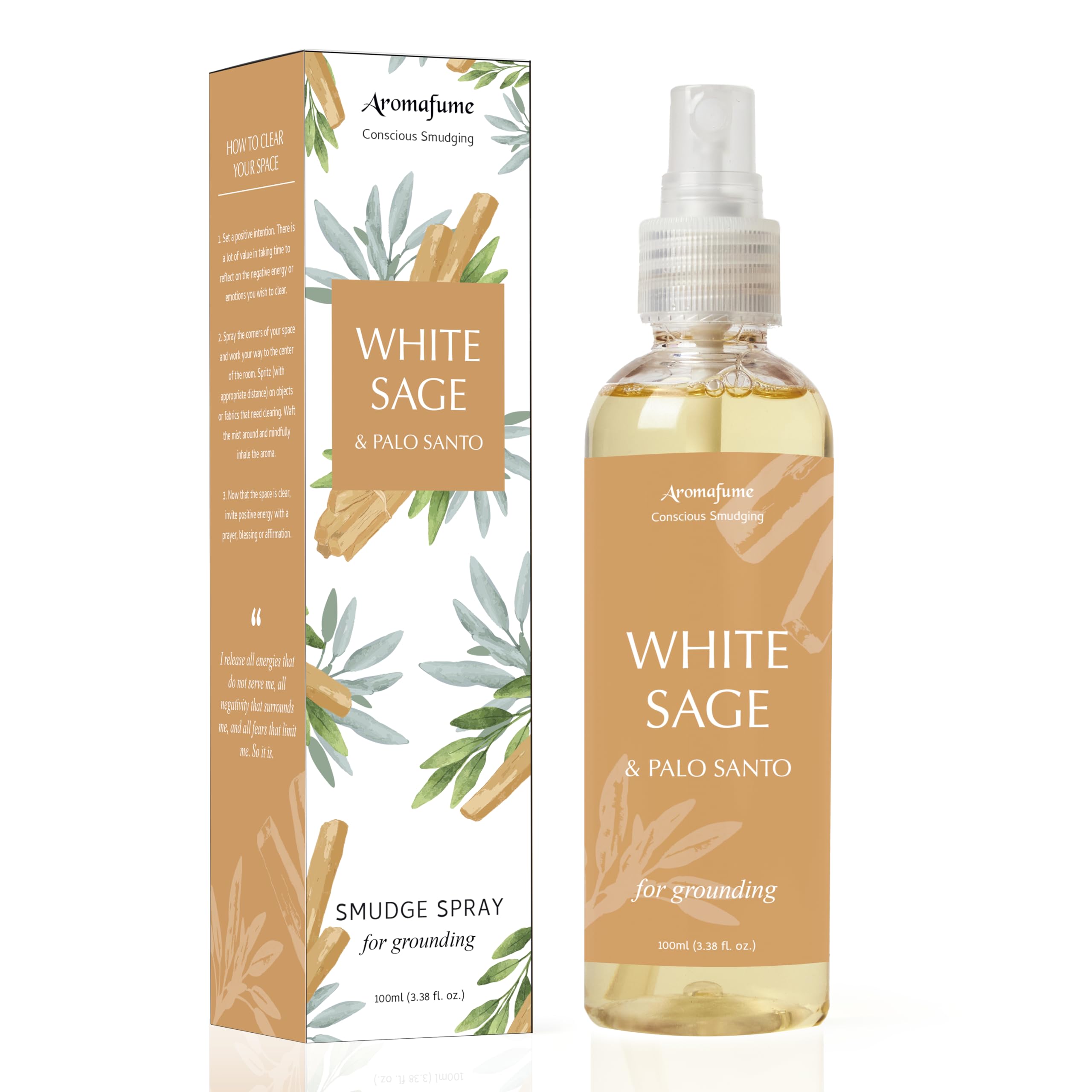 White Sage & Palo Santo Smudge Spray by Aromafume | 100ml/3.3 oz | Mist for Cleansing Negative Energy & Protection | Non-Toxic | Room Spray for Spiritual Cleansing, Smokeless Sage Smudging