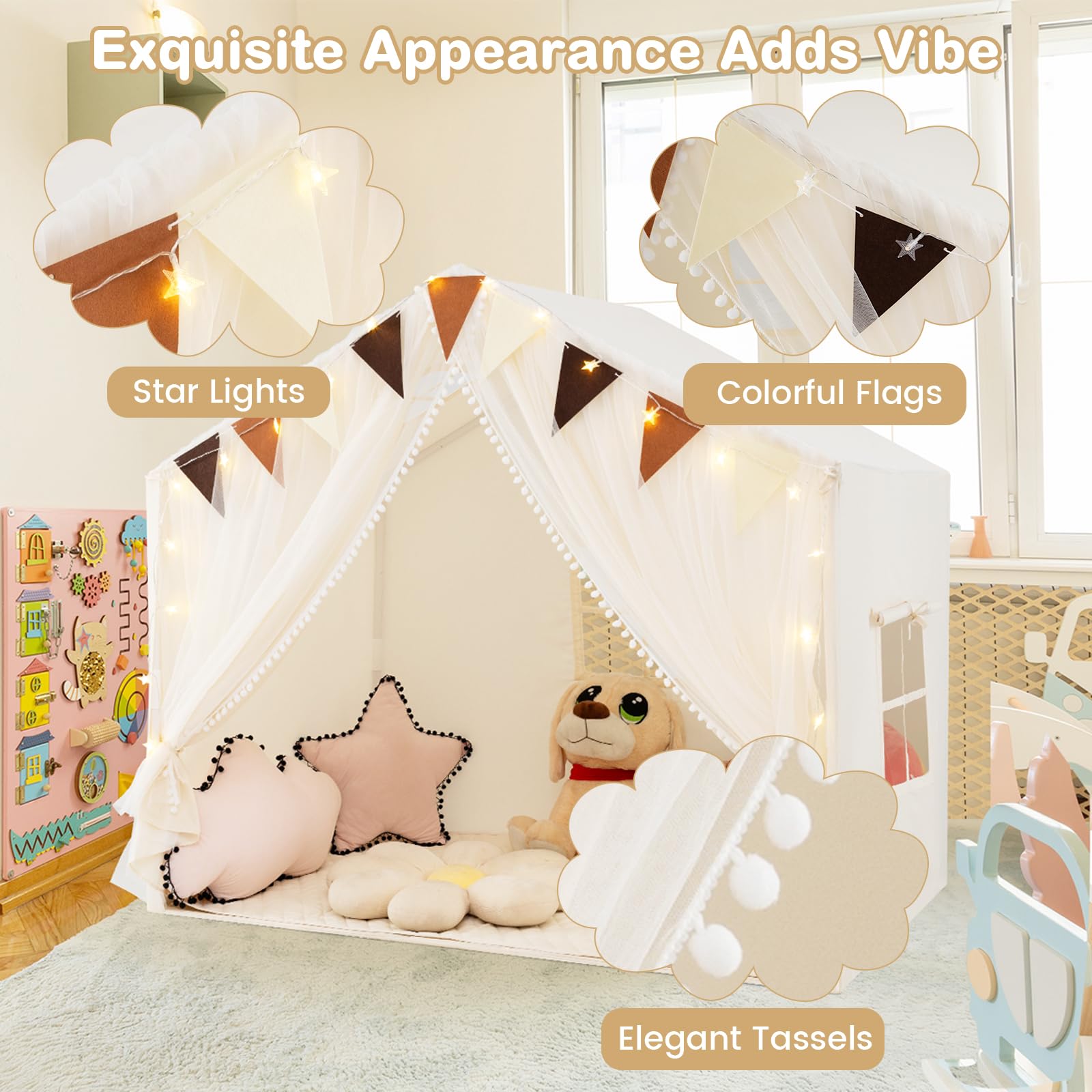 HOMASIS Kinderzelt Indoor, Spielhaus mit Matte & Lichtern & Vorhang & Flaggen, Spielzelt aus Baumwolle, Prinzessin Zelt für Mädchen & Jungen ab 3 Jahren, Kinderspielhaus für Kinderzimmer (Beige)