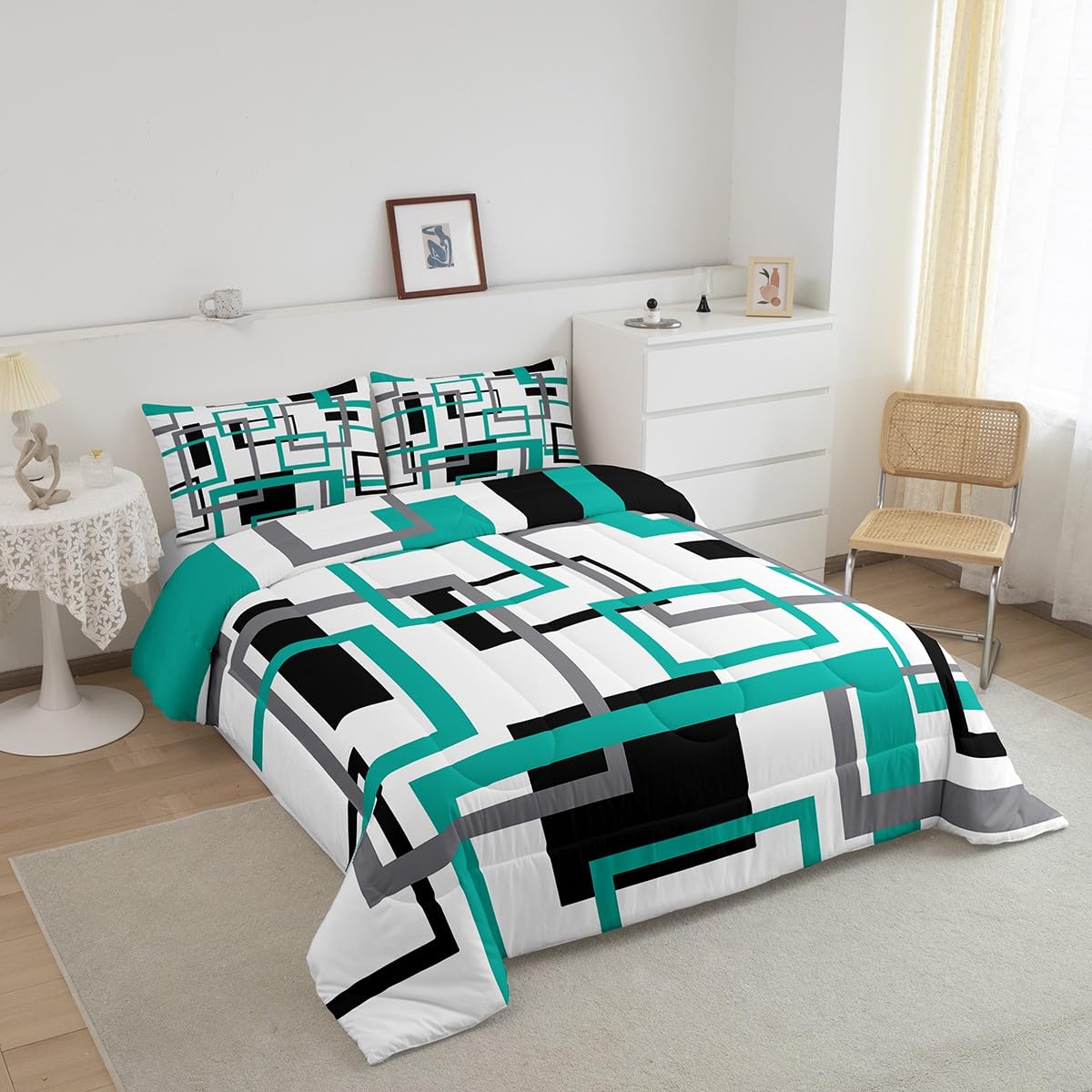 Erosebridal Square Comforter Set for Teens Youth,Black White Blue Bedding Set,Geometric Quilt Set Modern Bedroom Decor,Mid Century Grid Duvet Insert with 2 Pillowcases Lightweight Warm,King