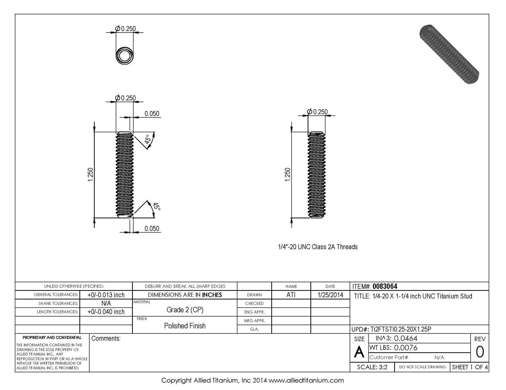 Allied Titanium 0083064, (Pack of 10) 1/4-20 X 1-1/4 inch UNC  