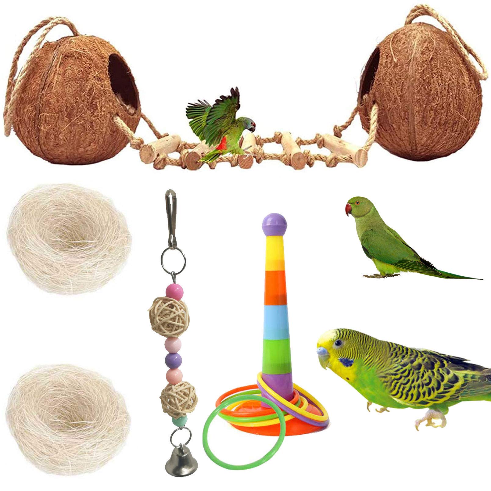 kathson 5PCS Bird Hides Coconut Nest with Ladder Perches Hanging Parrot House Cage Natural Coconut Fiber Parakeet Chewing Toys Intelligence Training