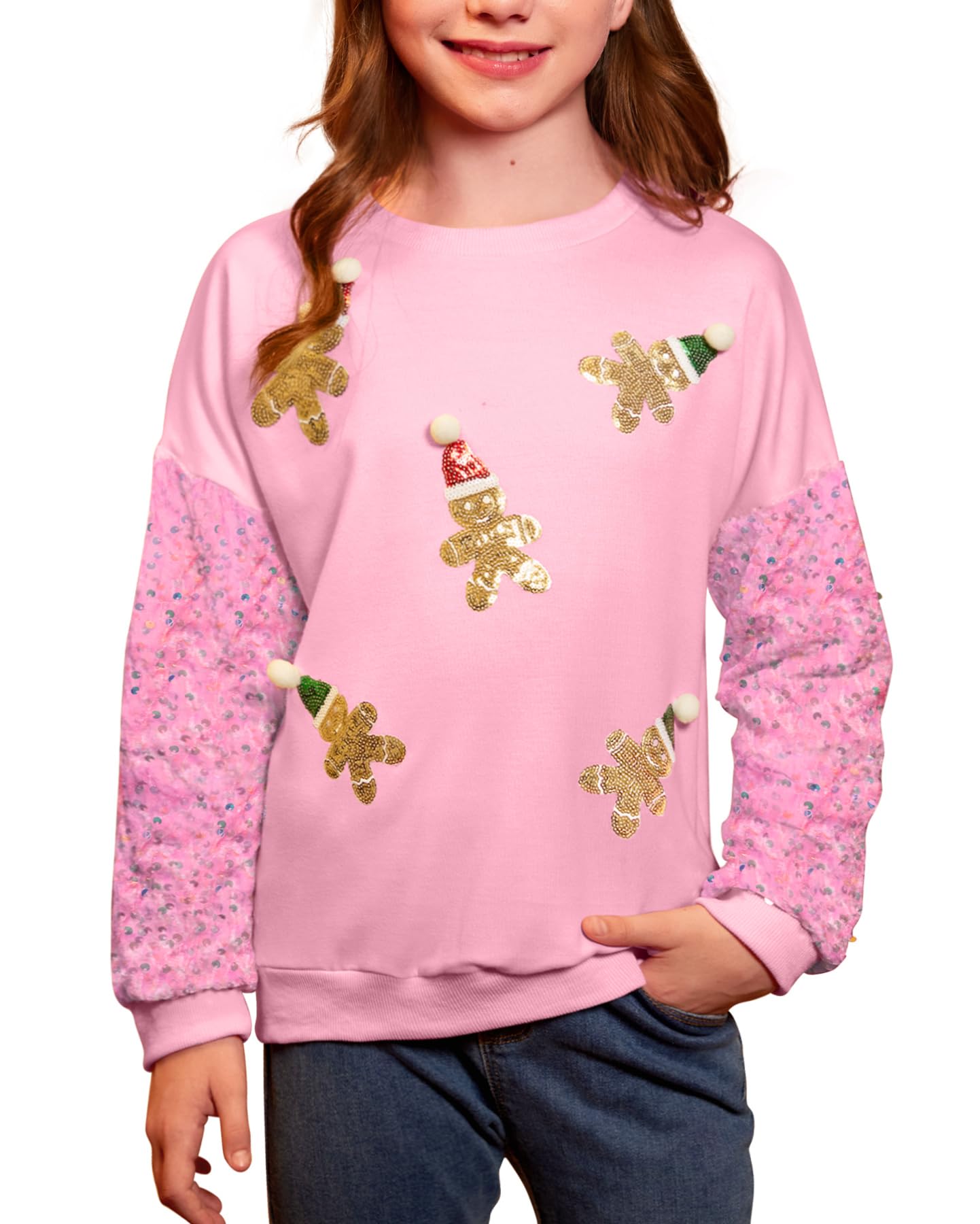 Girls Christmas Sequin Patchwork Sweatshirt Holiday Funny Shirt 6-14 Years