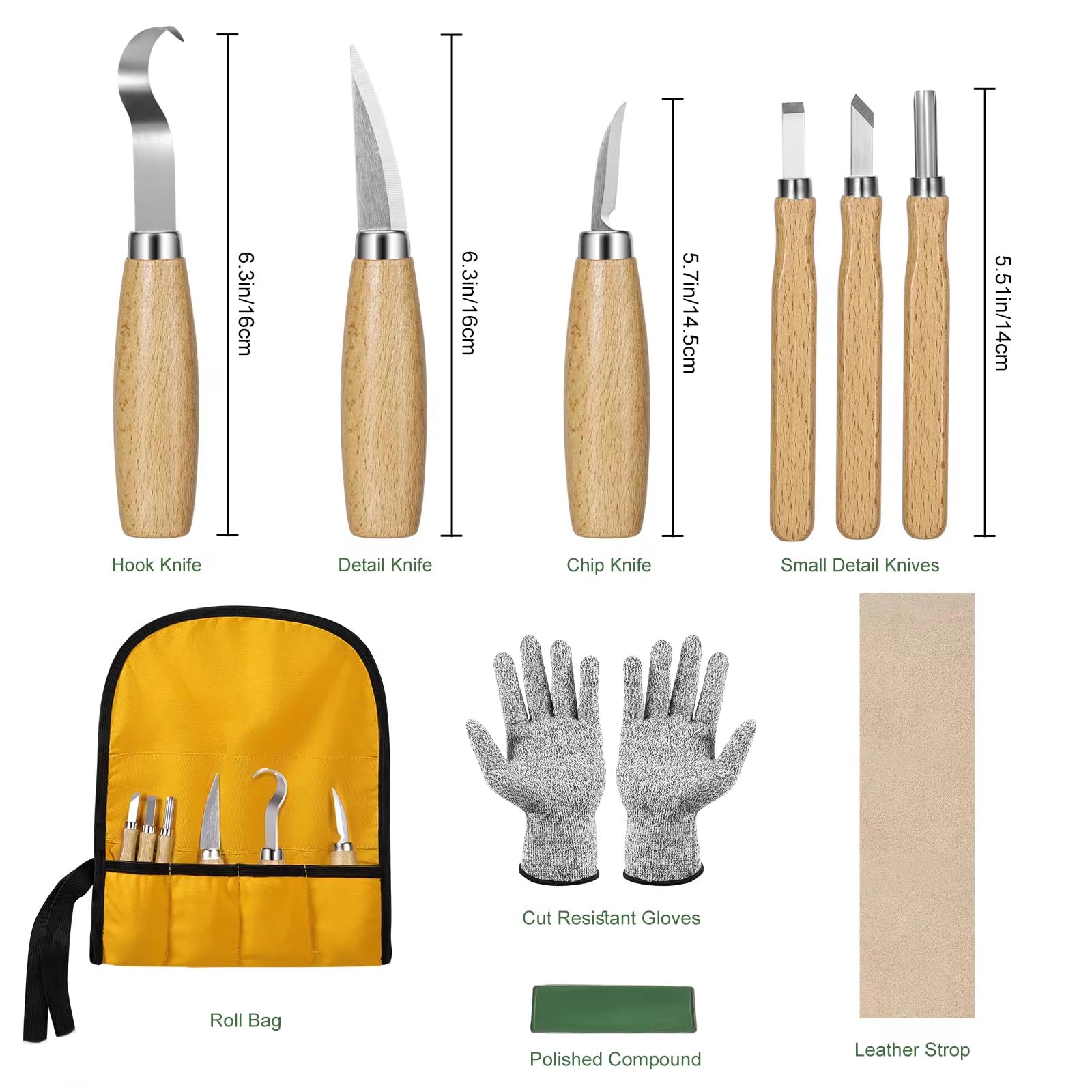 10 in 1 Holzschnitzwerkzeuge Set, Schnitzset mit 6 Schnitzmessern für Holz, Holz Schnitzen Set mit Handschuhe, Rolltasche, Spitzer, Schnitzwerkzeug Set für Anfänger,Erwachsene, Kinder