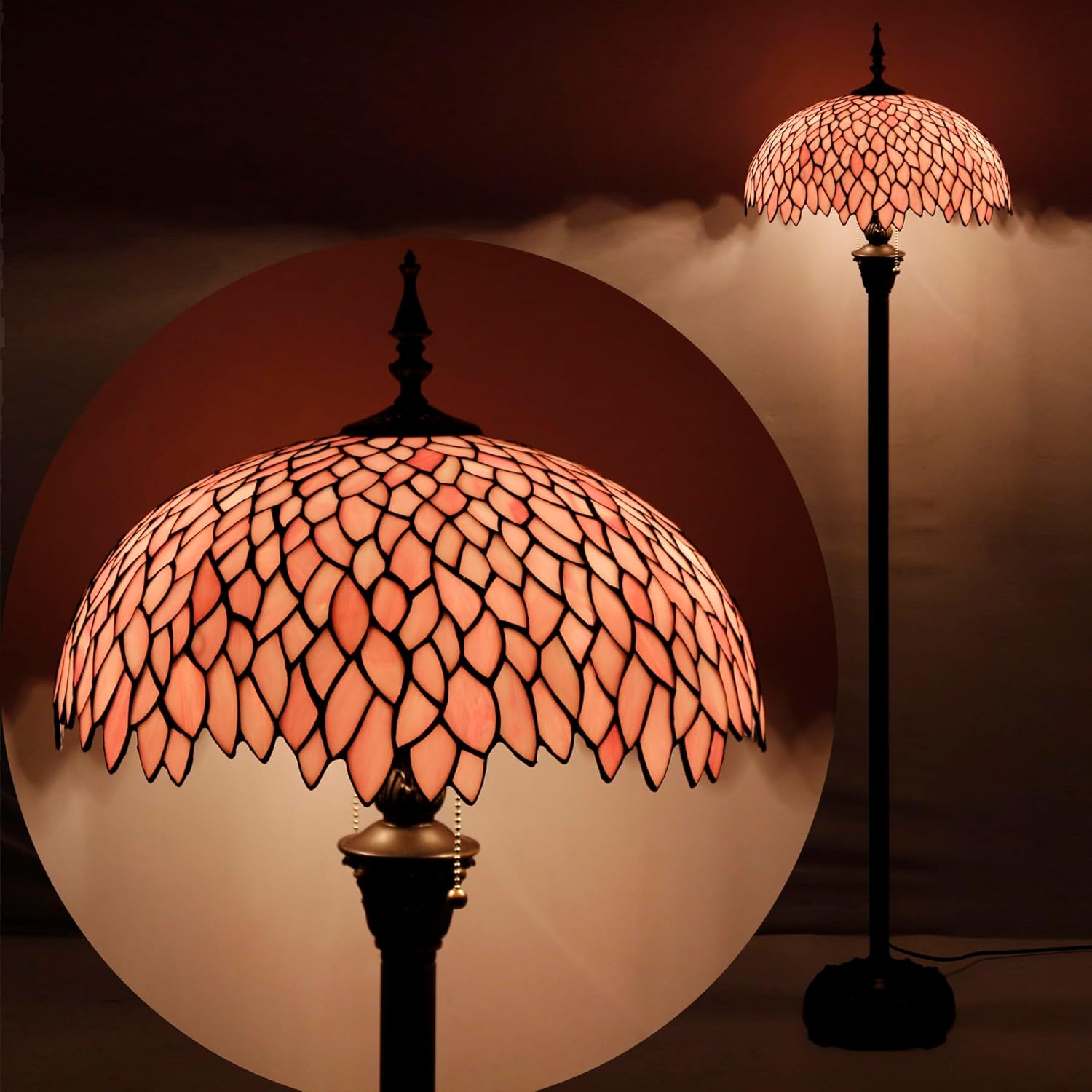 WERFACTORY Tiffany Floor Lamp Pink Wisteria Stained Glass Standing Reading Light 16X16X64 Inches Antique Style Pole Corner Lamp Decor Bedroom Living Room Home Office S523P Series