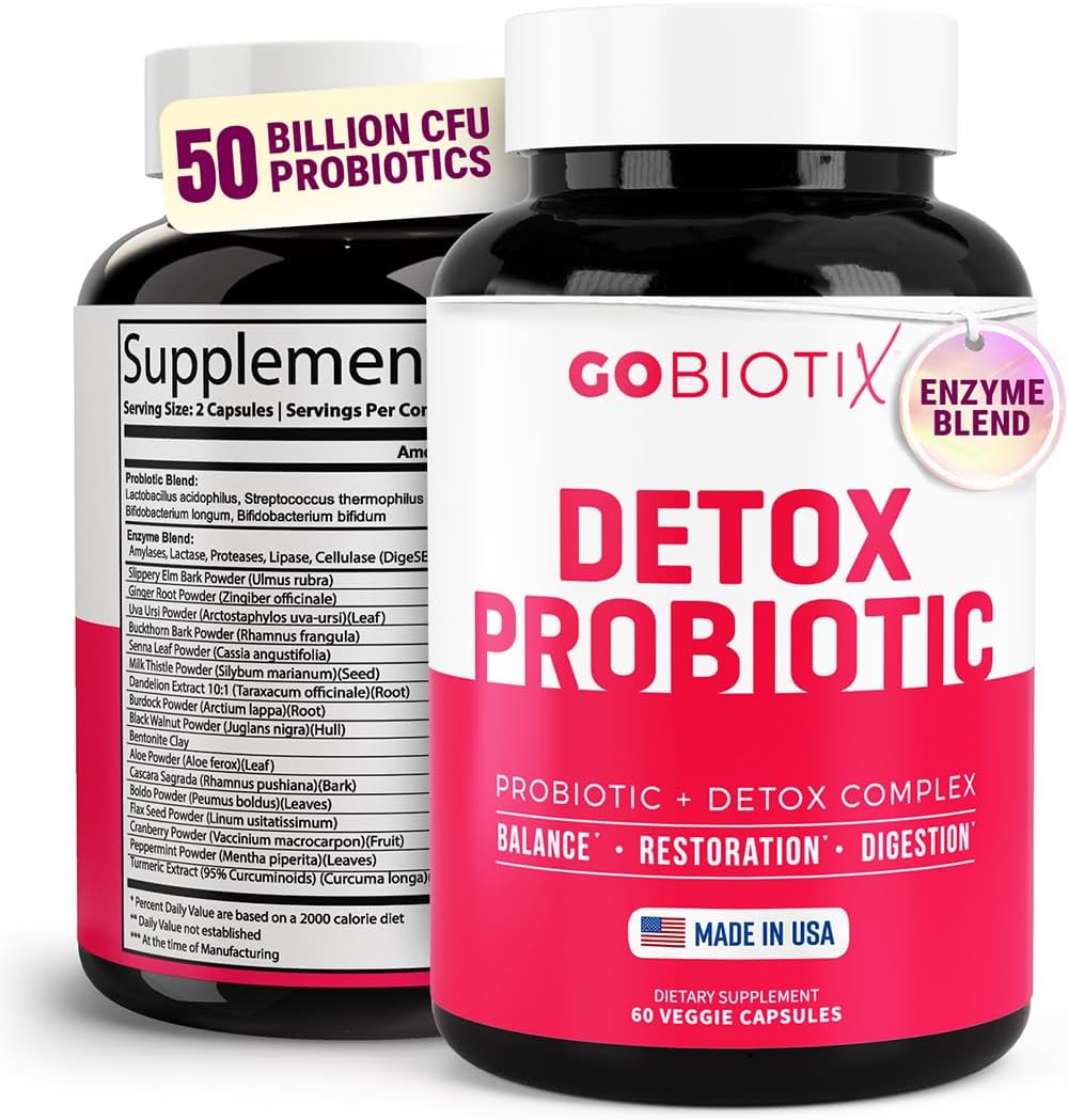 Detox Probiotic - Promotes Digestive Regularity - Supports a Healthy Gut & Liver, Eases Gas - 50 Billion CFU with Prebiotics & Digestive Enzymes - Gluten Free, Vegetarian, Non-GMO - 60 Vegan Capsules