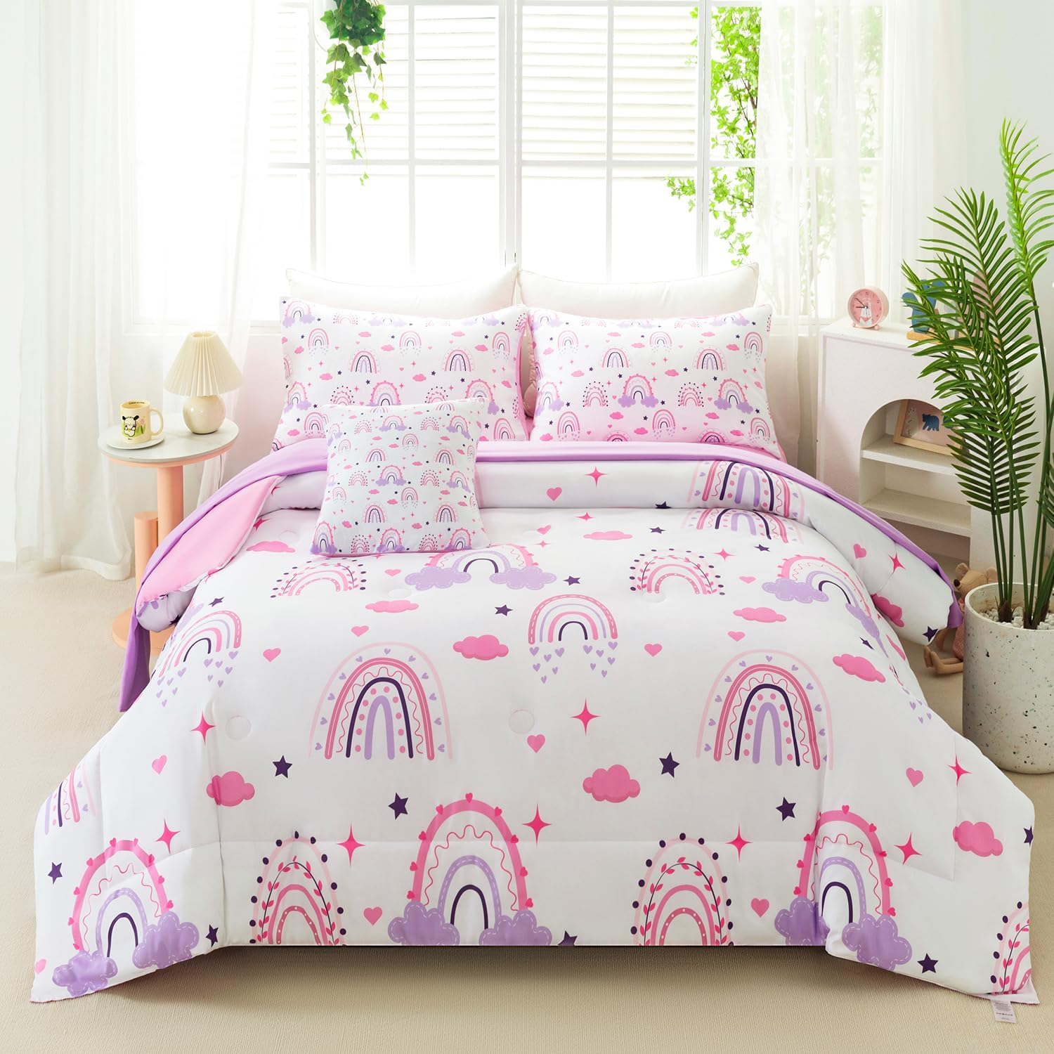 Rainbow Twin Bedding Sets for Girls, 6 Pcs Pink Purple Cloud Print Kids Comforter Set with Sheets, Soft Lightweight Teen Girl Bed in A Bag for Children Bedroom (Purple Rainbow, Twin)