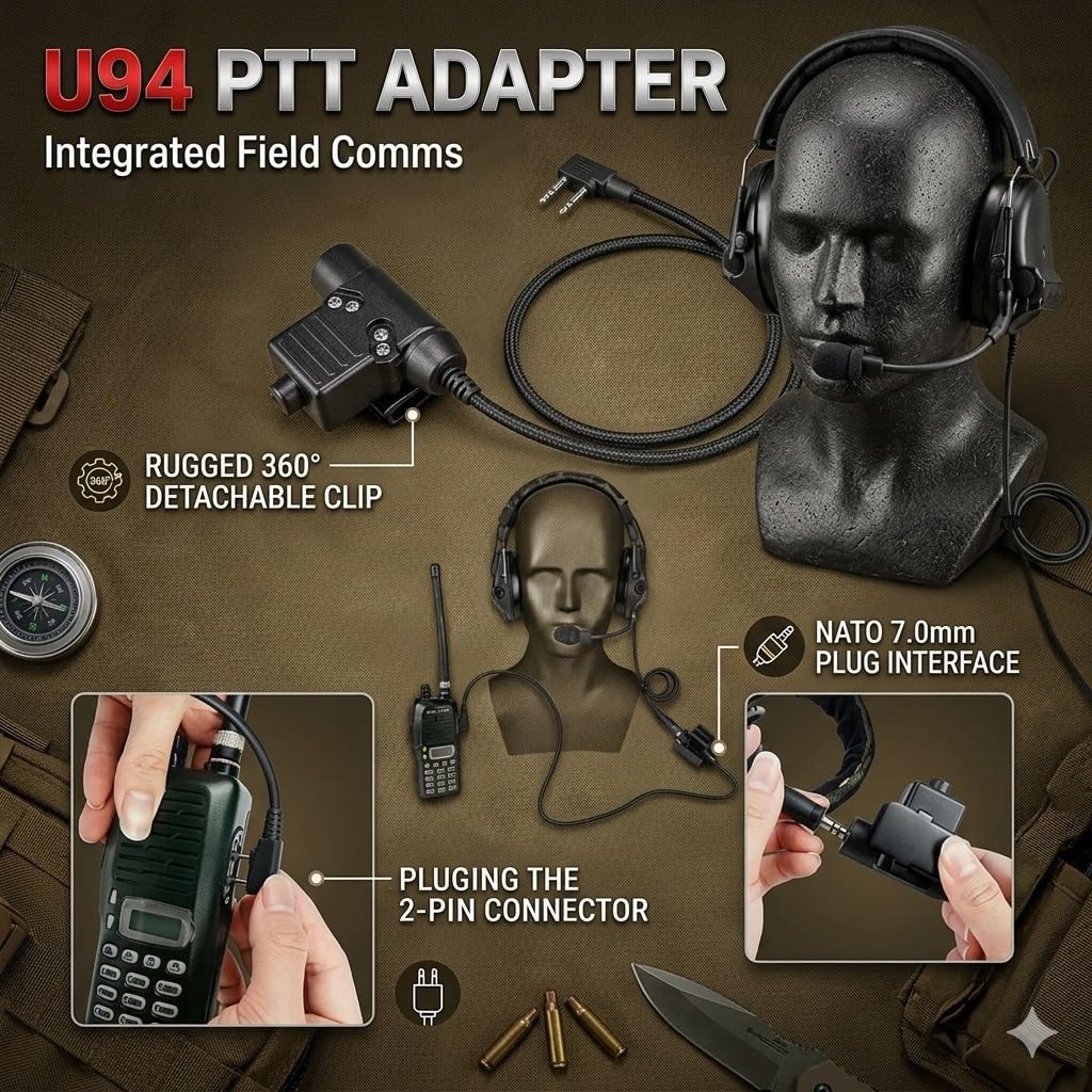 Cuffie Tattiche con PTT U94 A 2 Pin Acquisizione Audio E Riduzione del Rumore – Adattatore per Casco Arc Rail per Softair, Caccia E Tiro, Protezione dell'Udito