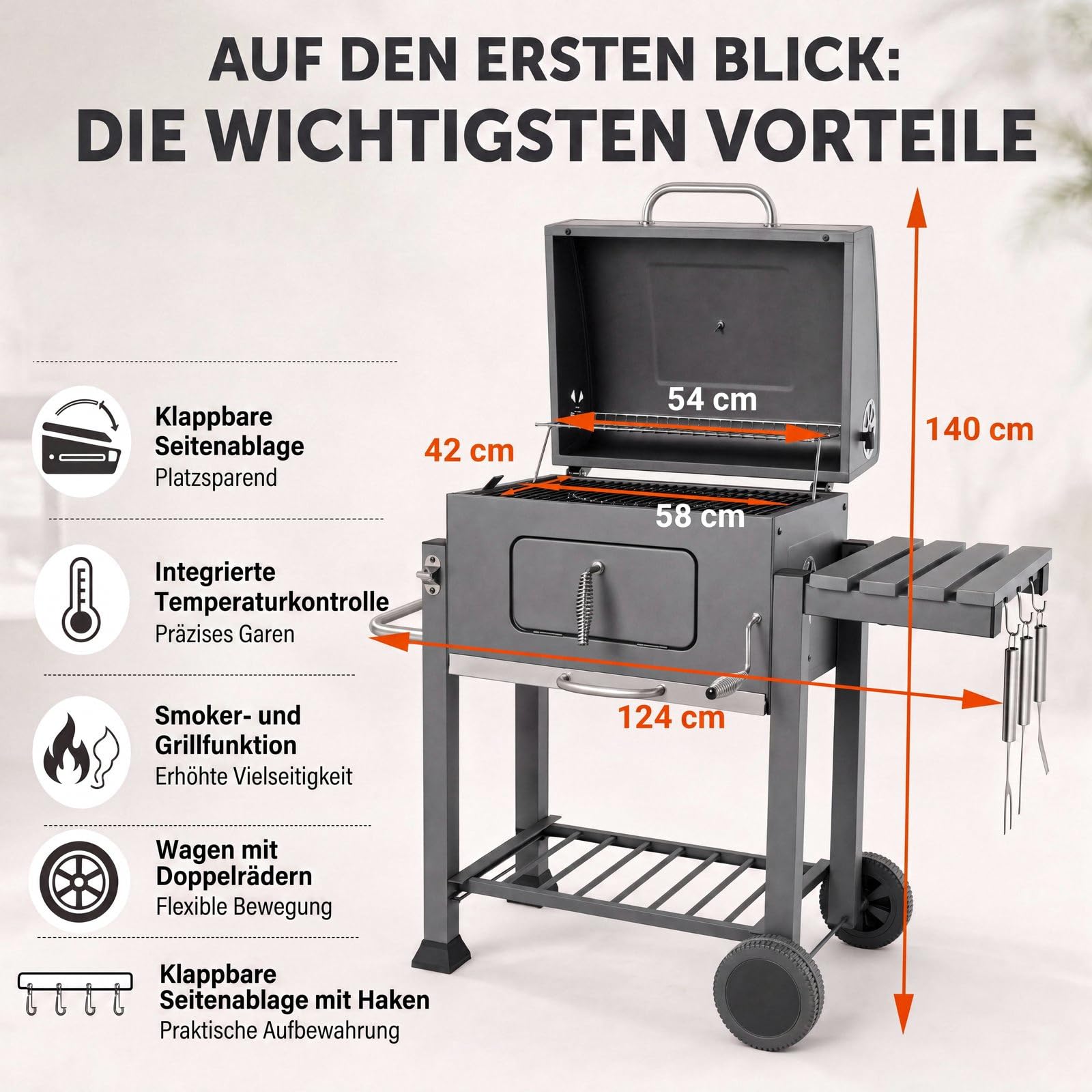 TLGREEN Holzkohlegrill mit Deckel, Thermometer, 2 Räder, Emaille & Verchromtes Grillrost, Aschekasten Holzkohle, Höhenverstellbar Grillwagen, 124x56x140cm, BBQ Smoker für Garten, Camping, Grau