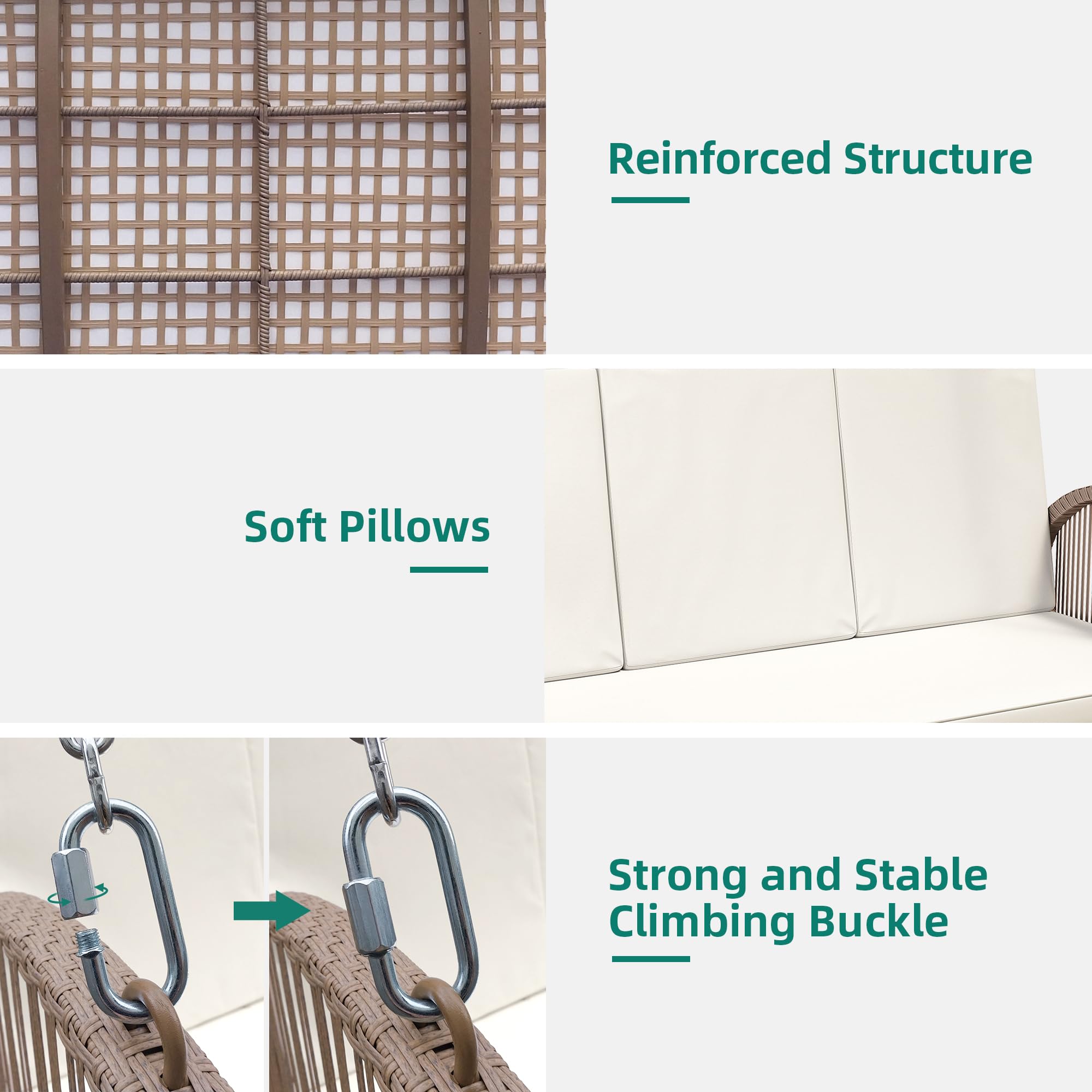 YITAHOME Hanging Porch Swing Chair Sits 2 People, Patio Swing Lounge Chair, 1 Seating & 2 Back Cushions with Removable Covers, Weight Capacity 530lbs, for Garden, Balcony, Living Room, Backyard, Beige