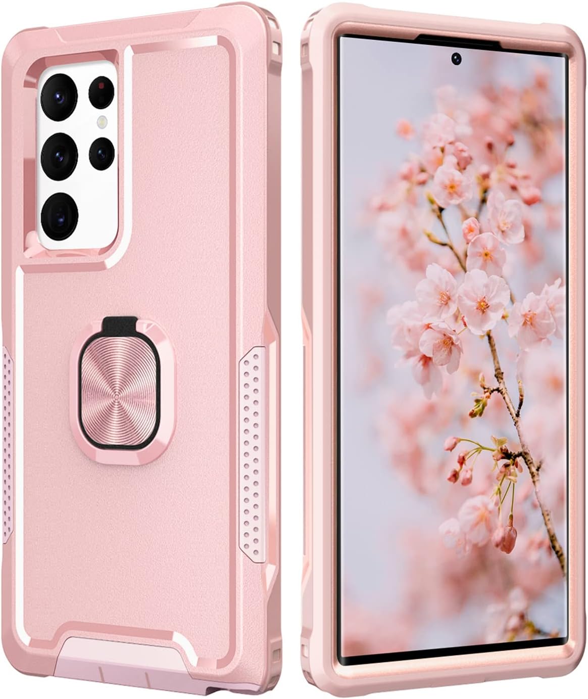 Petocase for Galaxy S22 Ultra Case Heavy Duty Full Body Shockproof Kickstand with 360°Ring Holder Support Car Mount Hybrid Bumper Silicone Hard Back Cover for Samsung S22 Ultra 6.8" Rose Gold