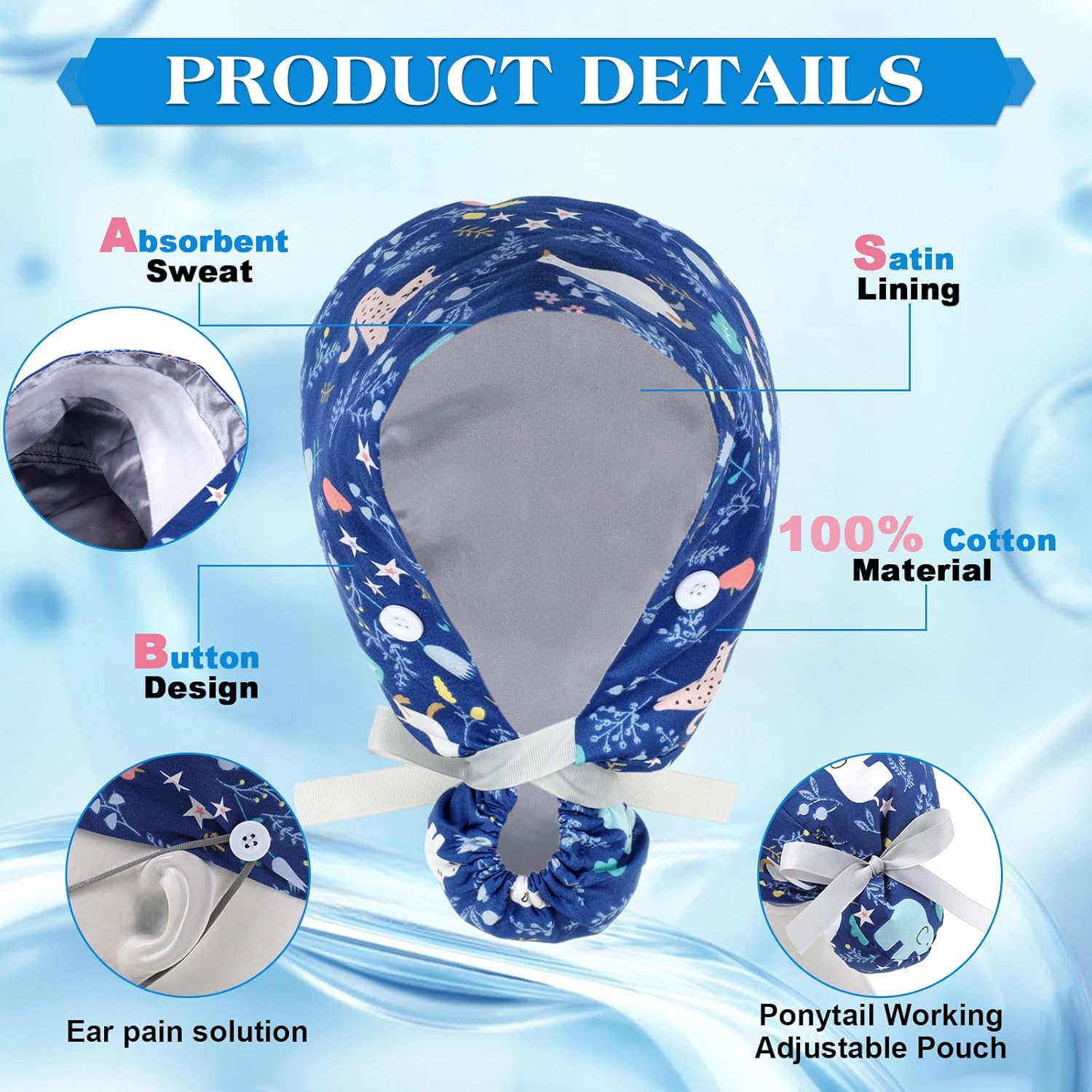 6 Pcs Satin Lined Scrub Caps Women Ponytail Nurse Surgical Hat Button Sweatband Working Adjustable Pouch Tie Back - Image 2