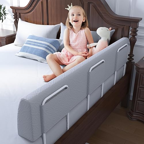 Bed Bumper for Toddlers, Foam Bed Rail for Toddlers, Toddler Bed Rail Bumper, Soft Safety Bed Guard Rail for Kids, Bed Side Rail for Twin, Full, Queen & King Beds (Grey, 59", 3-Bracket)