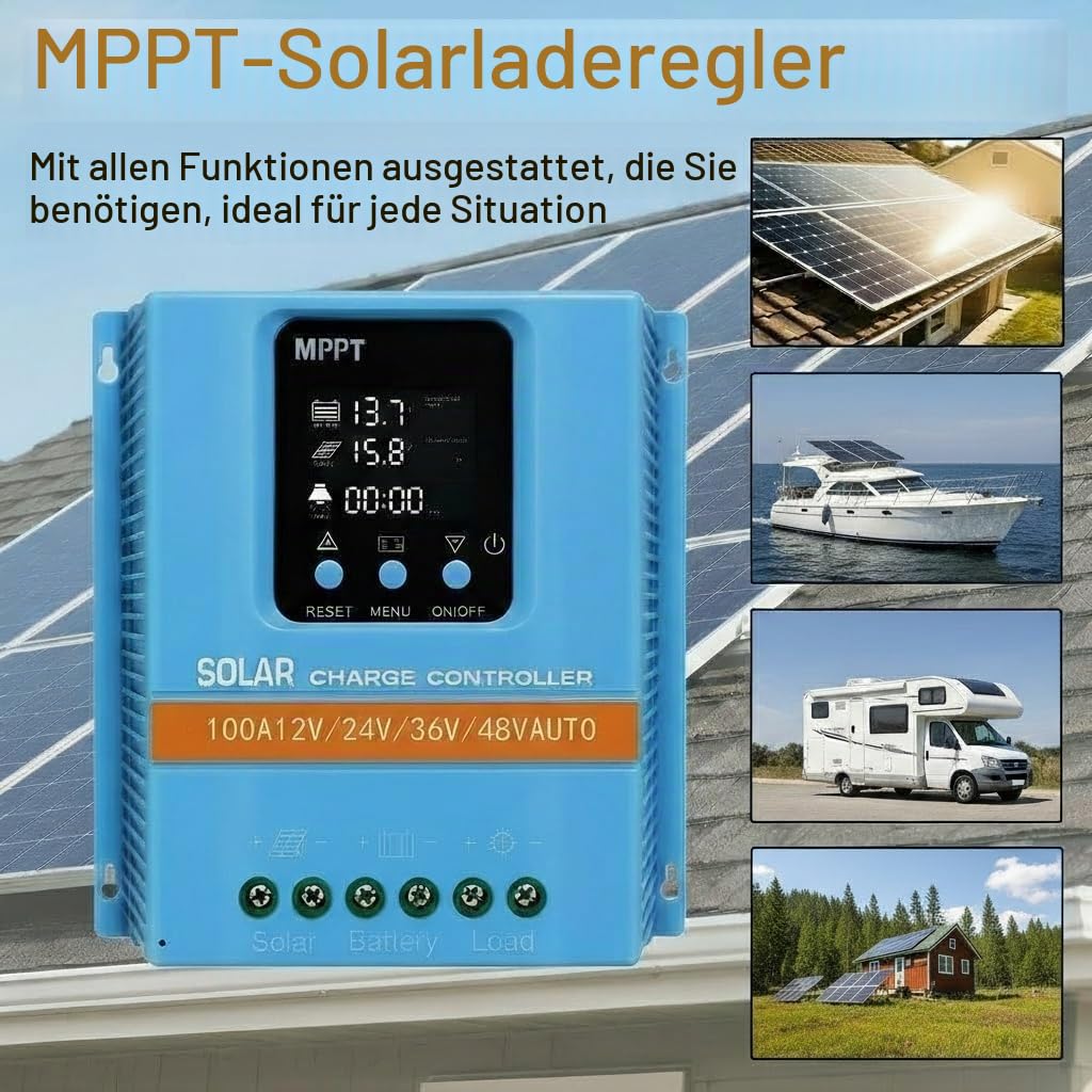 Solarregler 100 A MPPT/PWM Hybrid | Auto-Erkennung 12 V/24 V/36 V/48 V | LCD-Display & Dual USB | für Lithium-Batterien (LiFePO4) & Blei | Ideal für Wohnmobile, Haus und Garten