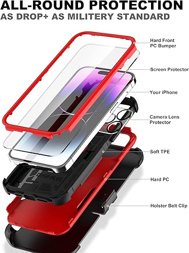 Miniatura 2 de Defender - Funda para iPhone 14 Pro Max con clip para cinturón de funda 2 protectores de pantalla + protector de lente de cámara Funda protectora