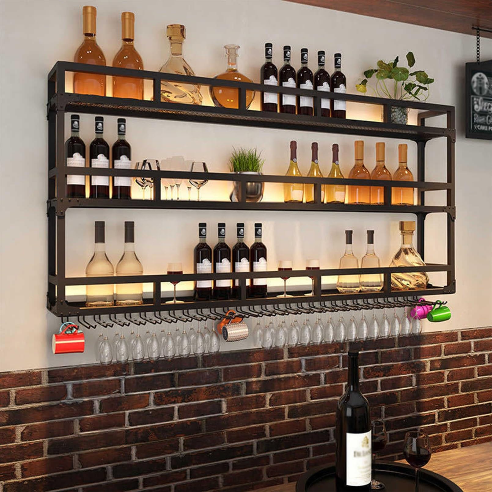 Naścienny stojak na wino z uchwytem na szkło, metalowy uchwyt na butelkę, 3-poziomowe pływające półki, organizer na butelki wina, wiszący kielich, stojak do przechowywania wina do domu, baru, jadalni,