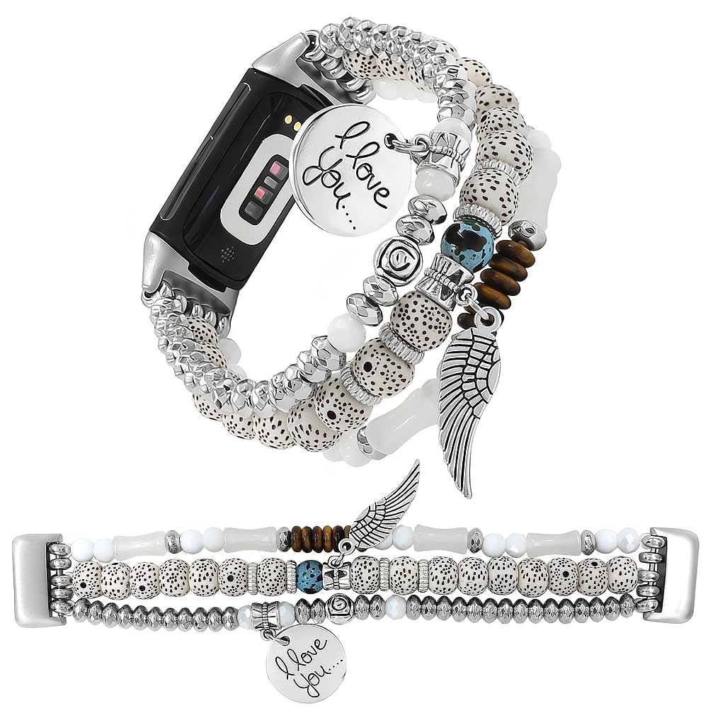 Elastic Beaded Bracelet Compatible with Fitbit Charge 6/Charge 5 Band Women Men,Dressy Stretch Bohemian Ethnic Multilayered Beads Wristband for Charge 6/5 Fitness Tracker (White, S 5.3-5.9)