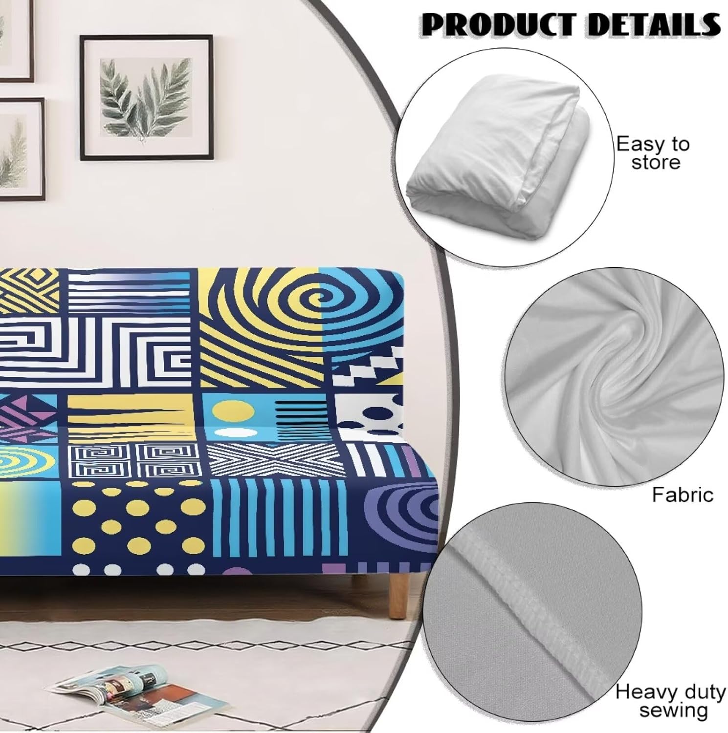 Geometric Collage Futon Sofa Covers Washable Dark Blue Furniture Protector Elastic Bottom Couch Slipcovers Non Slip Home Decor for Indoor