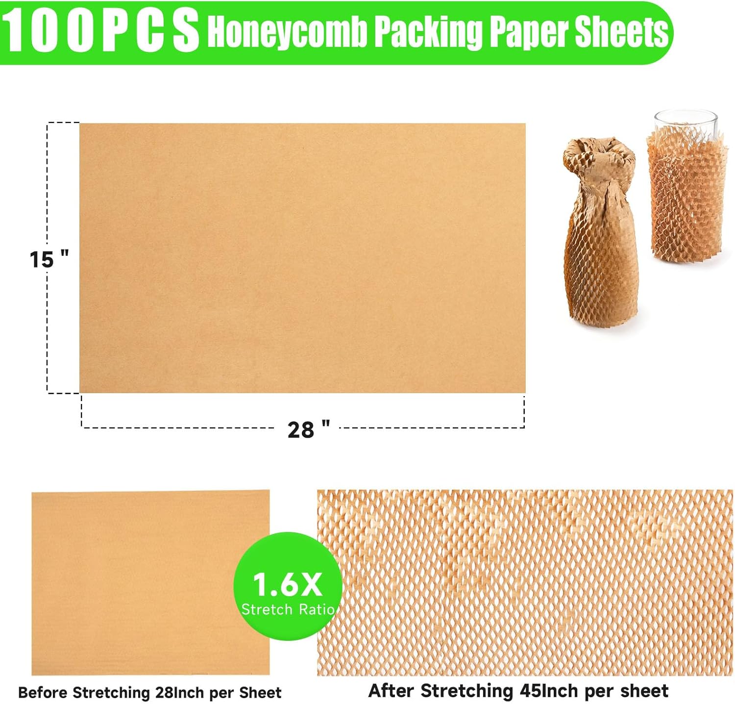 Packing Paper Sheets For Moving, MINHAO Honeycomb Packing Paper Sheets with 1.6X Stretchability for Shipping, Box Filler, Wrapping and Protecting Fragile Items Easy Use 4.74 Lbs (100 Sheets, 28"x15")