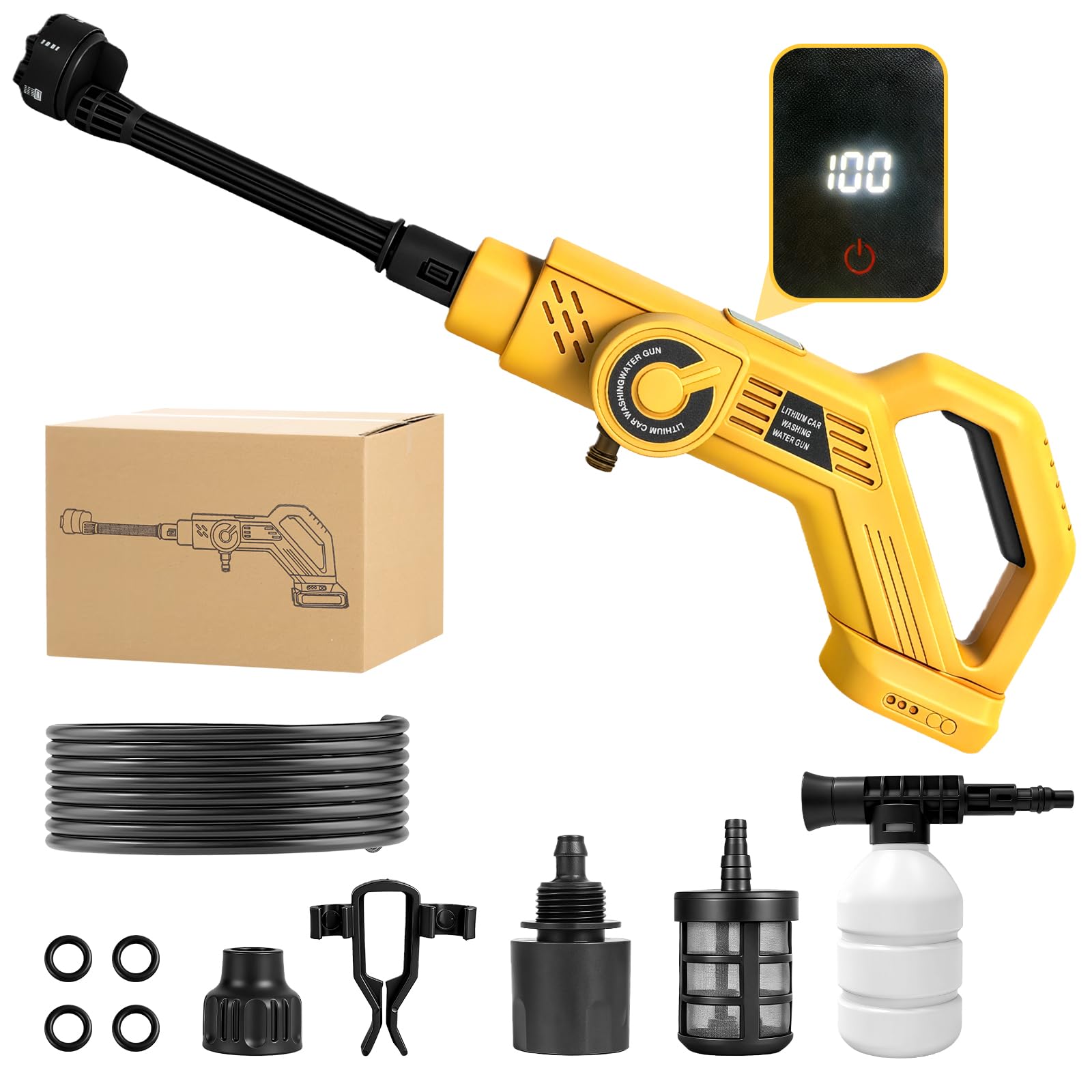 Hidrolimpiadora Portatil Inalámbrica Compatible con Dewalt 20V batería | Pistola de Alta Presión, Boquilla 6 en 1, Limpiadora Multiusos para Coche, Terraza, Jardín, Limpieza y Riego