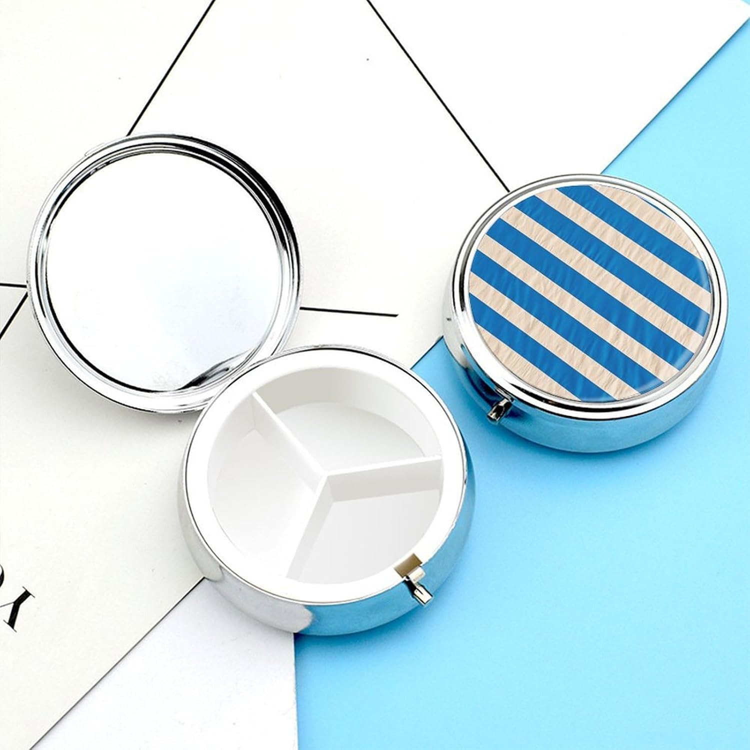 Round Silver Pill Box Small Pill Case for Purse and Pocket 3 Compartment