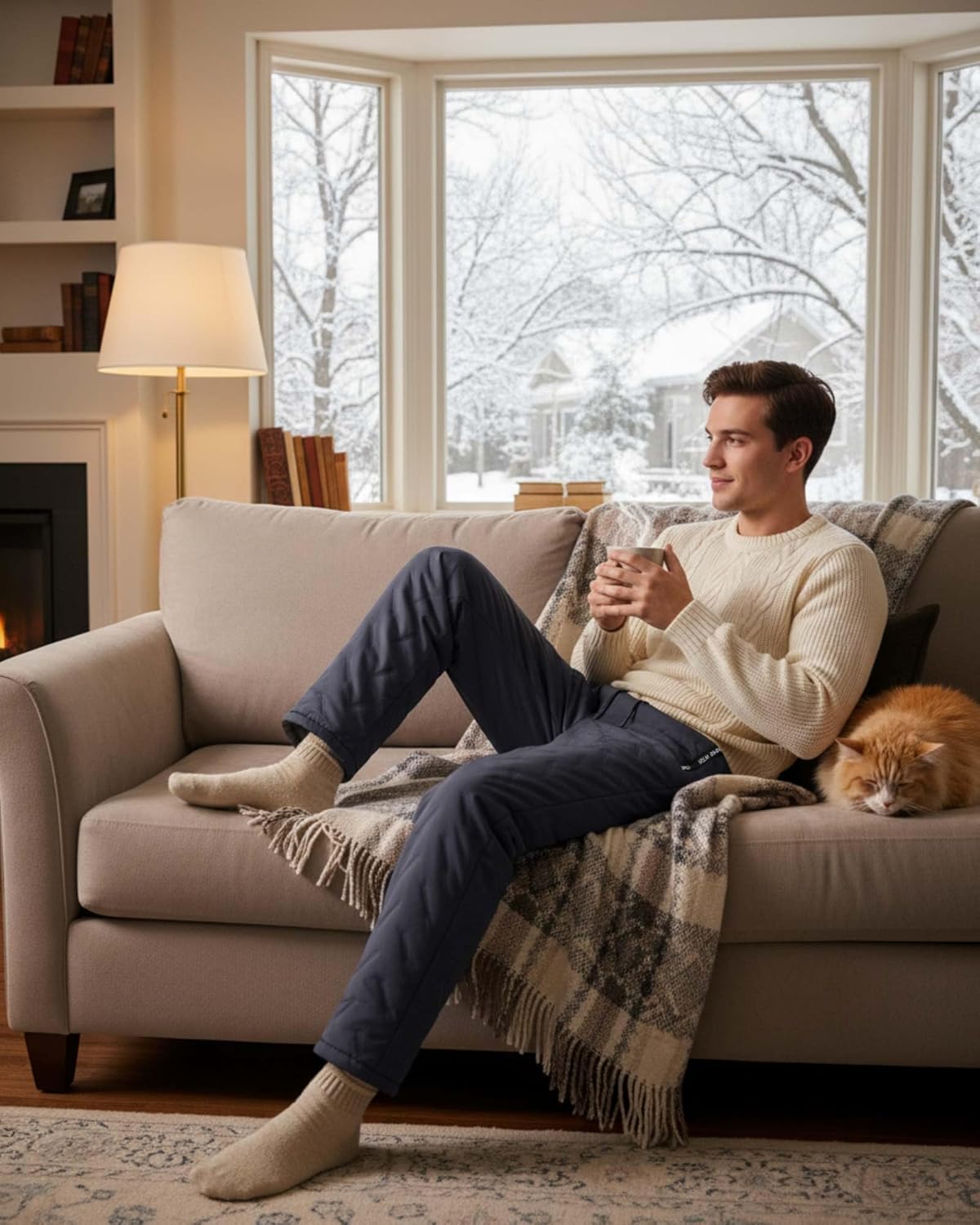 1 Pcs Fleece Lined Pants Men Sherpa Lined Sweatpants Windproof Track Joggers Snow Winter Thermal Pants with Zipper - Image 2