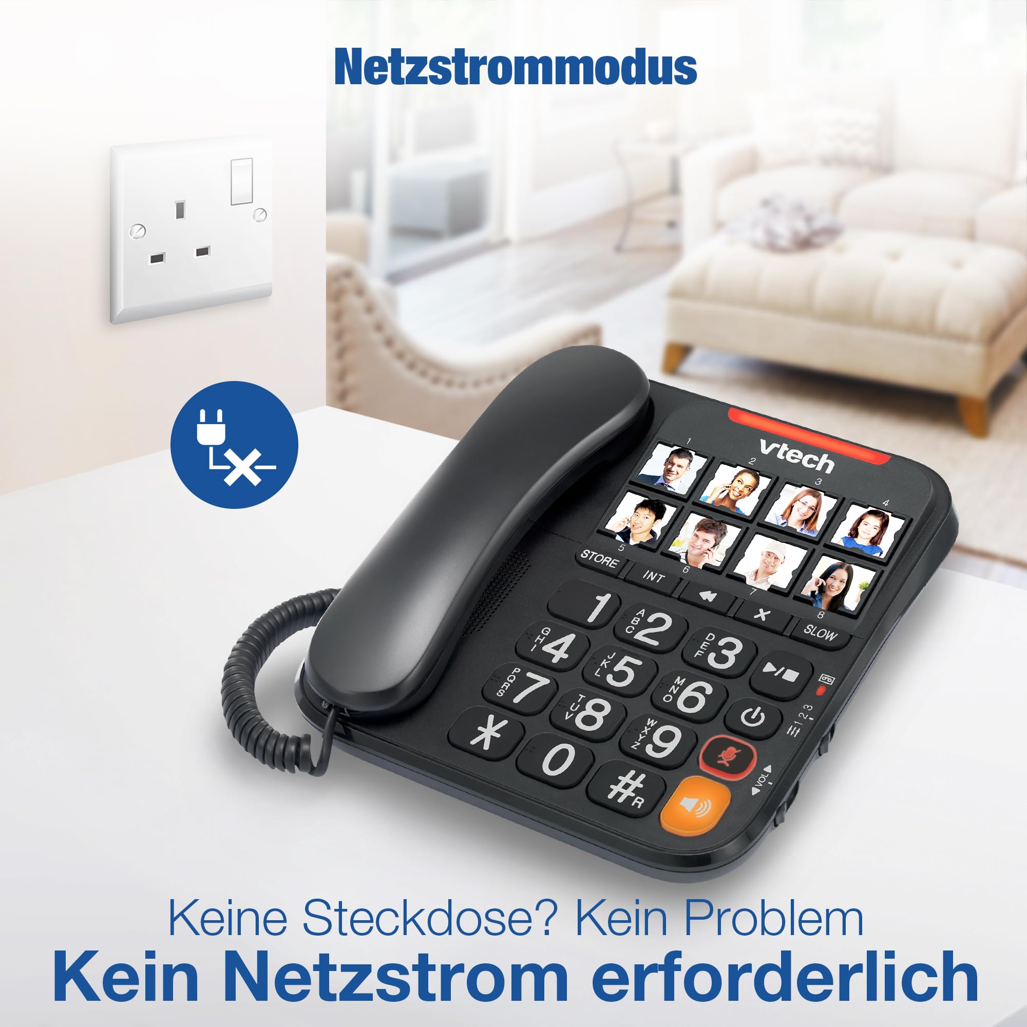 VTech Schnurgeb./Schnurloses Telefon, Digit. Anrufbeantworter, 8 Foto-Direktwahltasten, große Tasten/Display, hörgerätekompatibel, Lautstärkenregler, Opt. Rufanzeige, Anrufblocker | CL6550
