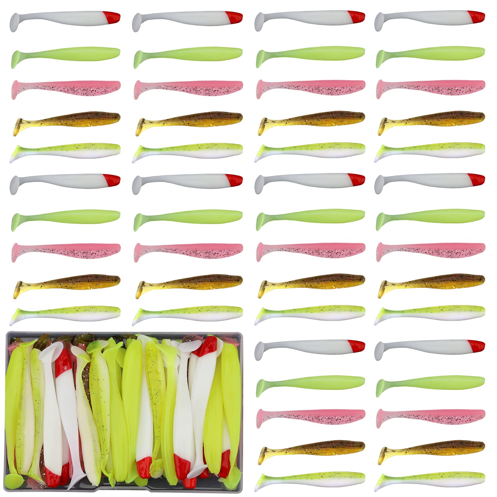 Funzhan 50Pcs Soft Lures Swimbaits Fishing Bass Plastic Paddle Tail Luya Bait Portable Box Proven Colors for Trout Salmon Redfish Freshwater Saltwater