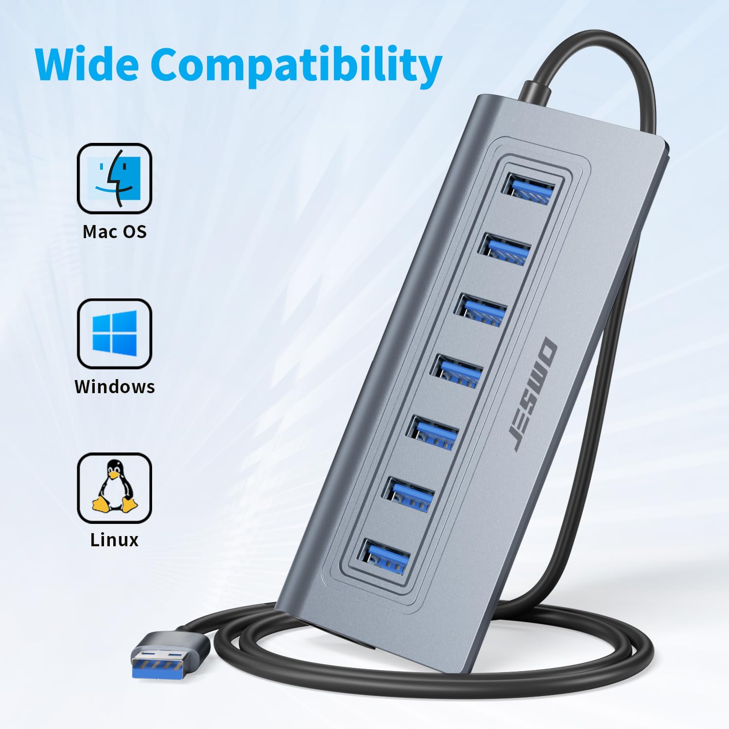 JESWO Hub USB 3.0 alimenté à 7 ports, hub de données USB en aluminium avec câble de 1 m, hub USB 3.0 alimenté avec adaptateur d'alimentation 5 V/4 A pour MacBook, ordinateur portable, lecteur flash
