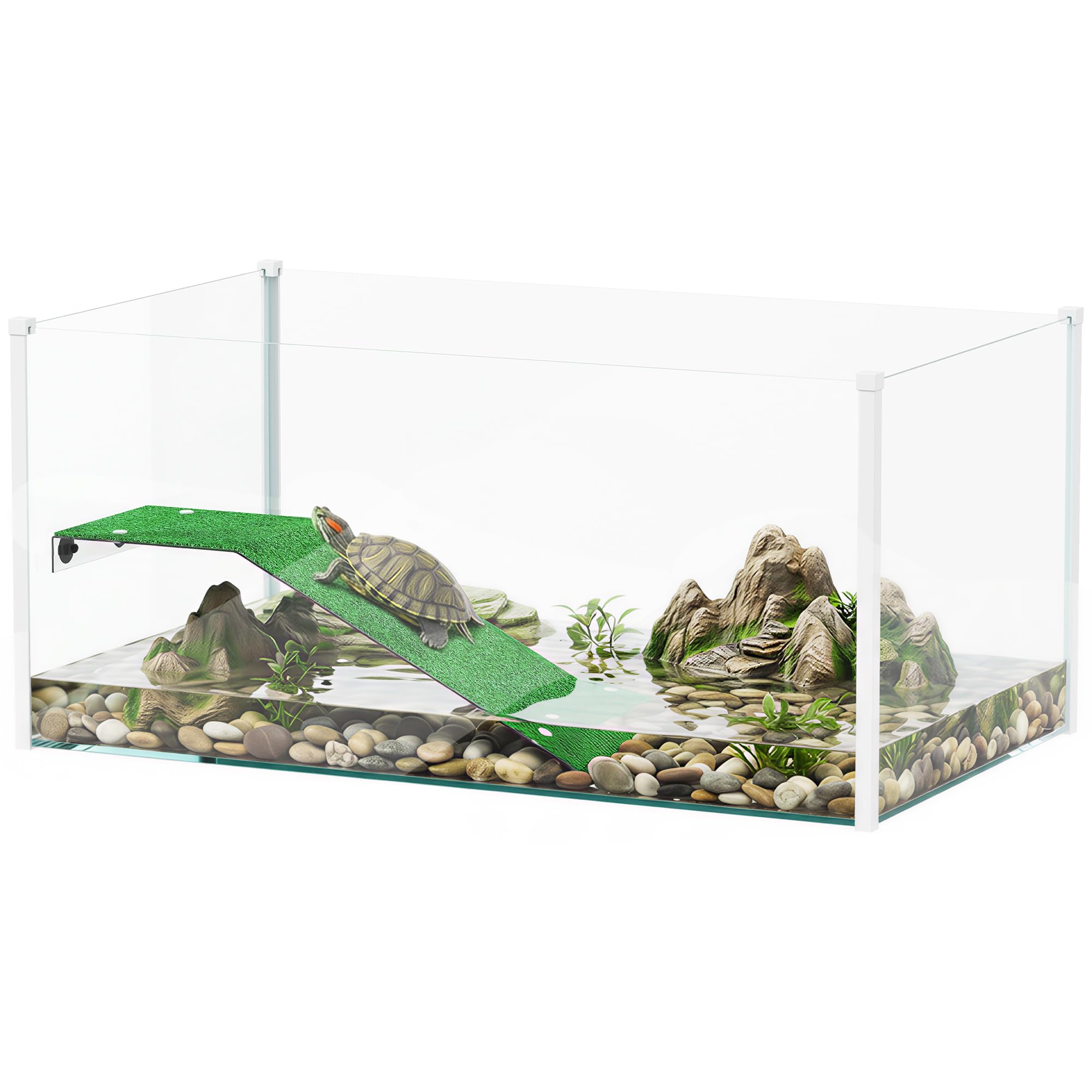 PawHut Acquario per tartarughe, terrario per tartarughe con piattaforma e rampa con superficie in erba artificiale, vista panoramica a 360°, per piccoli pesci, gamberetti, 60x35x28 cm, bianco